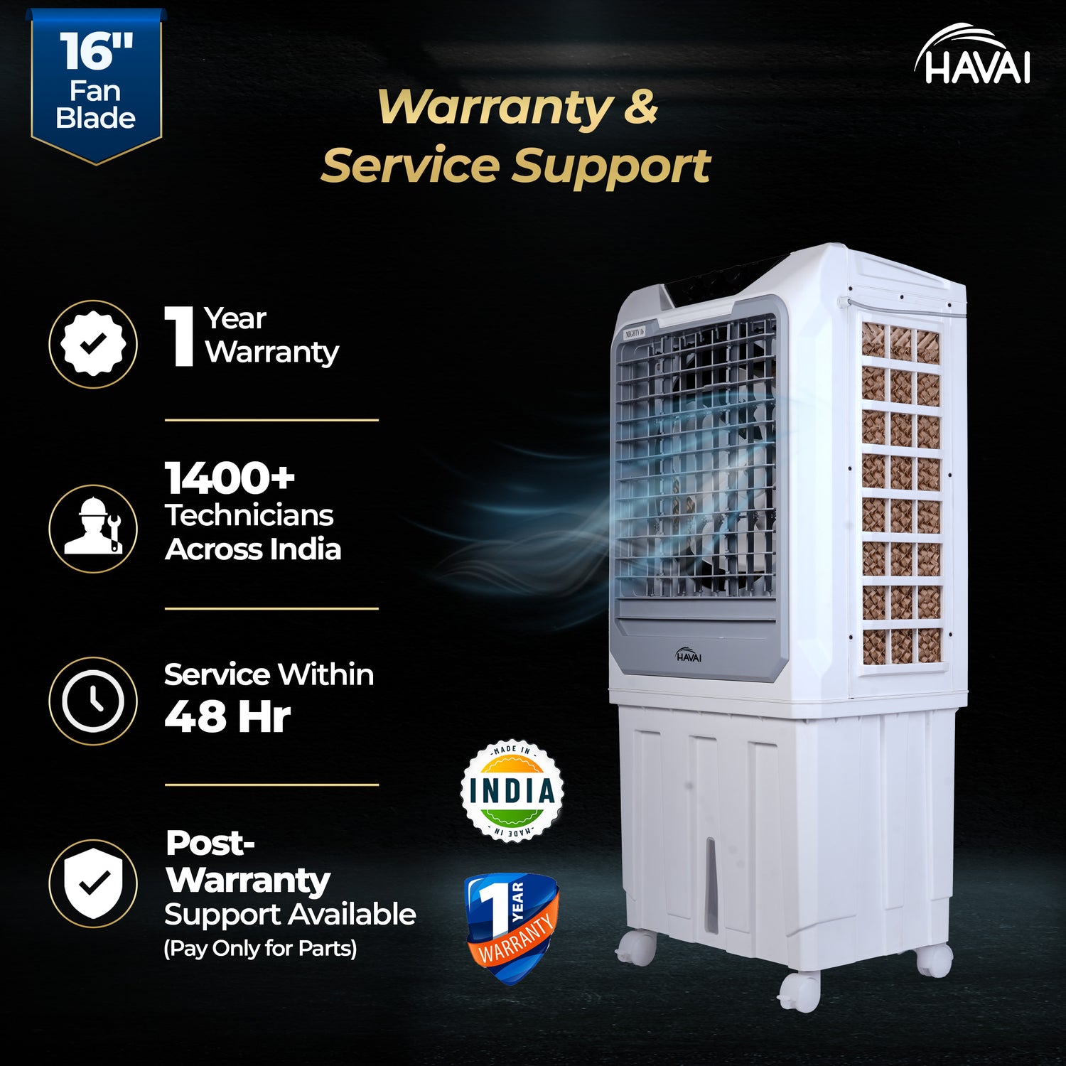 HAVAI Mighty 16 Desert Air Cooler | 16 Inch Special Bent-Edge Blade, 100L Tank, 5190 m³/hr Air Delivery | Covers 350 Sq Ft | Honeycomb Pads, Aluminium Motor, Closed Louvers, Wheels | White &amp; Grey