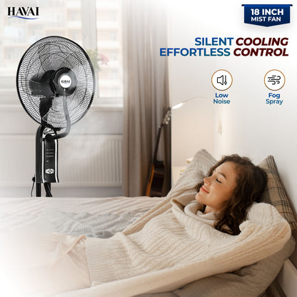 HAVAI RED 18" BLDC Mist Pedestal Fan – High-Speed, Remote &amp; Touch Control, 3.2L Tank, 80W Power, 350 Sq Ft Coverage, Easy Install, Black (Copy)