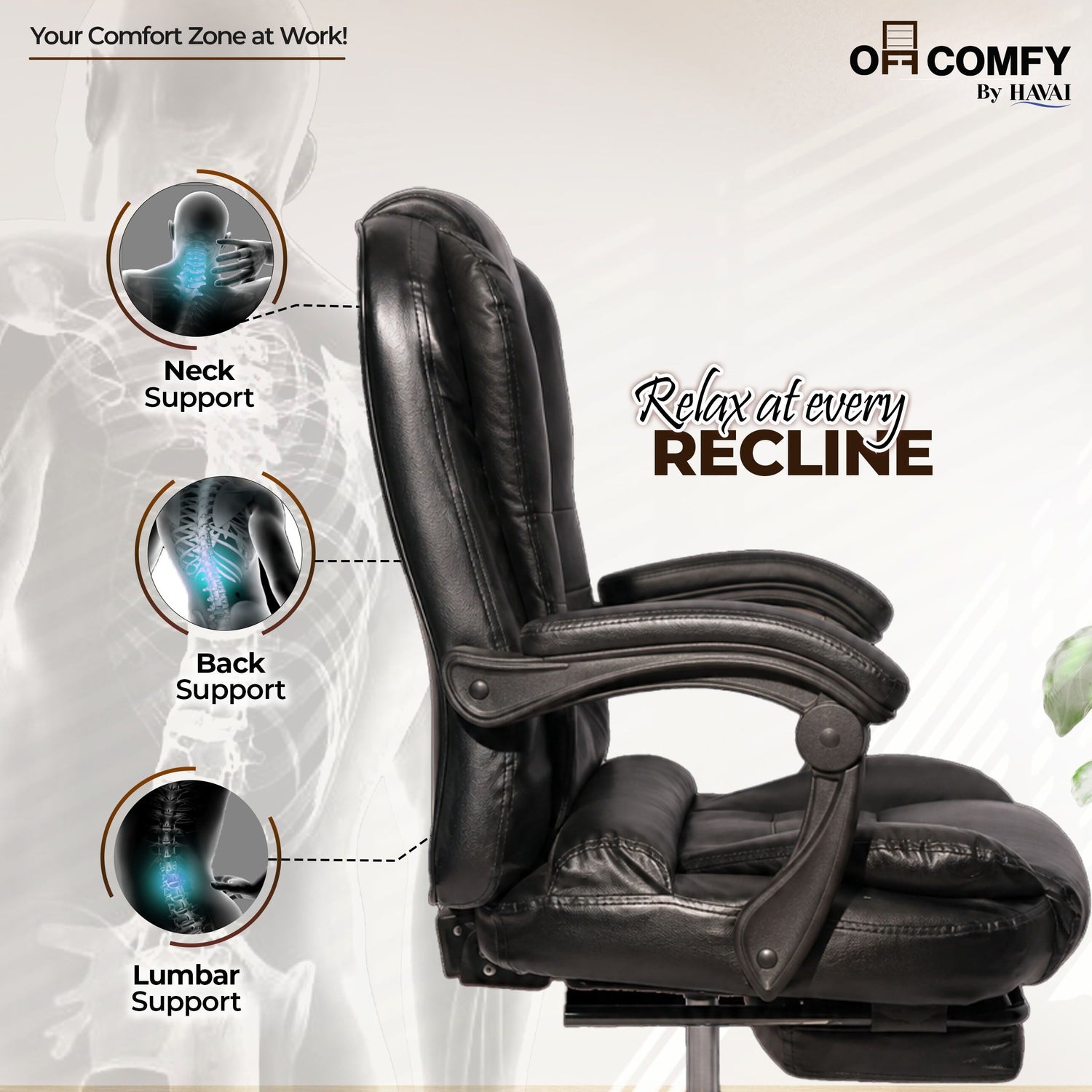 HAVAI Comfexa Executive Office Chair | Premium Recliner Chair with Footrest | Ergonomic High Back Cushion | PVC Leather Finish | Reclining &amp; Folding Mechanism | Class 2 Gas Lift | Nylon Base | Heavy Duty Office &amp; WFH Chair | Black