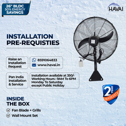 HAVAI BLDC Wall Mount Fan 26 inch, 50% Savings on Electricity, High Velocity, Heavy Duty Metal for Industrial, Commercial and Residential Use, Assembly Included