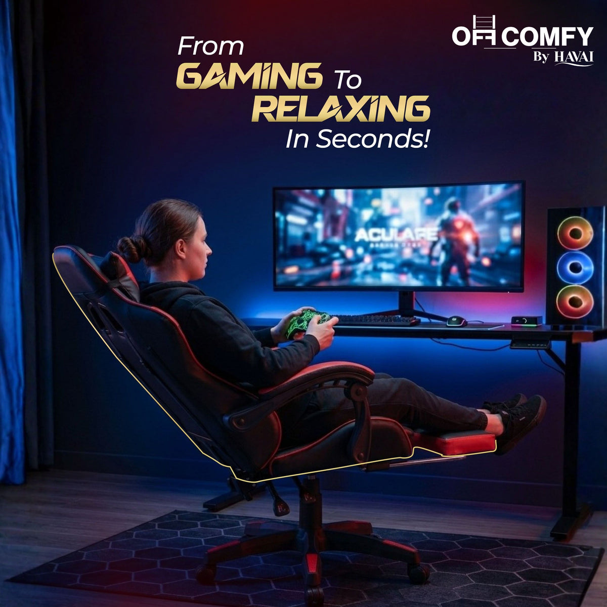 HAVAI Vortex Red Gaming Chair | Ergonomic High Back Computer Chair with Linkage Armrests | Reclining &amp; Folding Backrest | Premium 0.55mm PVC Upholstery | High Density Foam Cushion | Class 1 Gas Lift | 320mm Nylon Base | Heavy Duty Wheels | (Red &amp; Black)