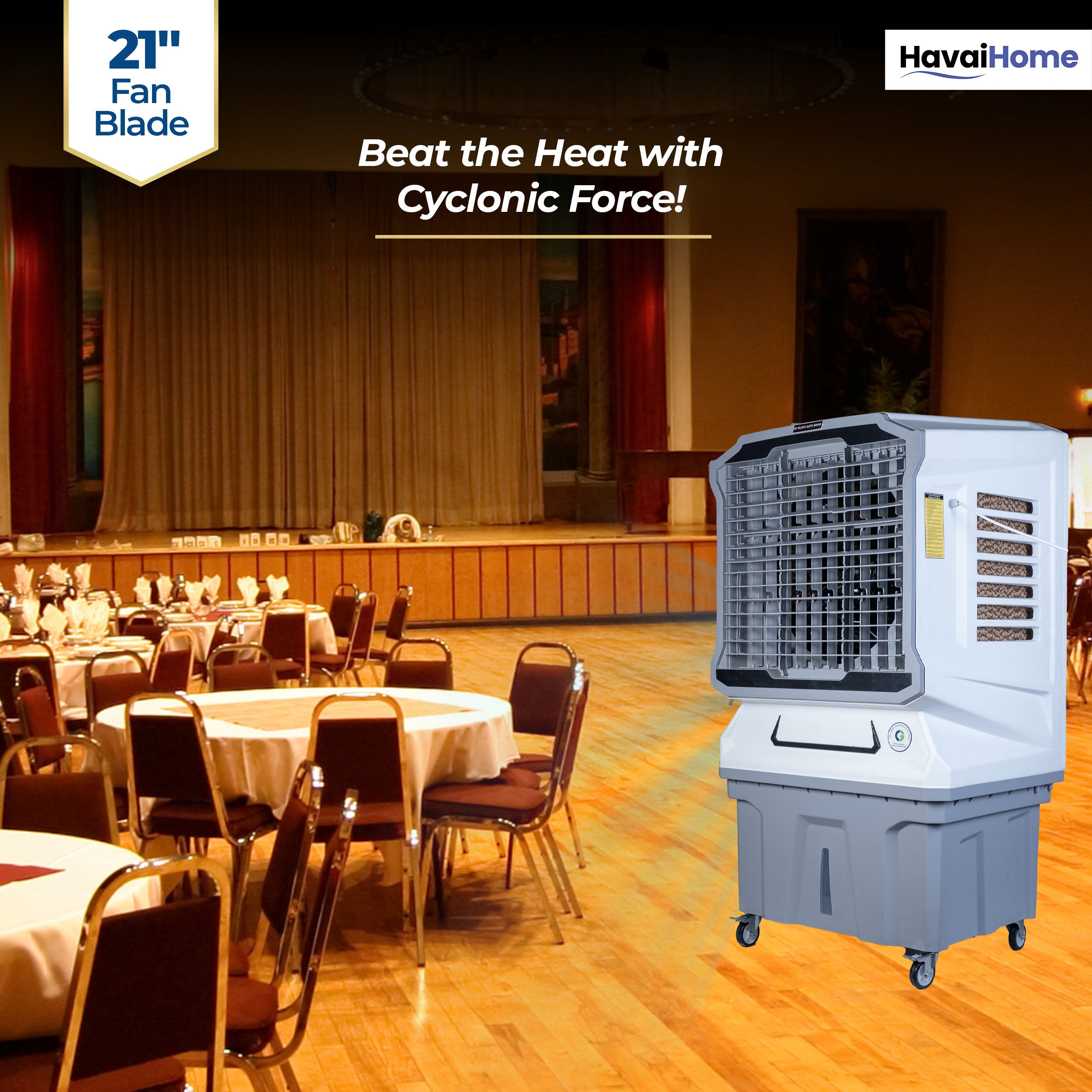 Cyclone Desert Air Cooler | 21" Fan Blade | 150L Tank Capacity | 330W High-Performance Cooling | 750 Sq. Ft. Coverage | Auto Swing | Back Honeycomb Pads | Lockable Wheels | White &amp; Grey