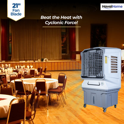 Cyclone Desert Air Cooler | 21" Fan Blade | 150L Tank Capacity | 330W High-Performance Cooling | 750 Sq. Ft. Coverage | Auto Swing | Back Honeycomb Pads | Lockable Wheels | White &amp; Grey