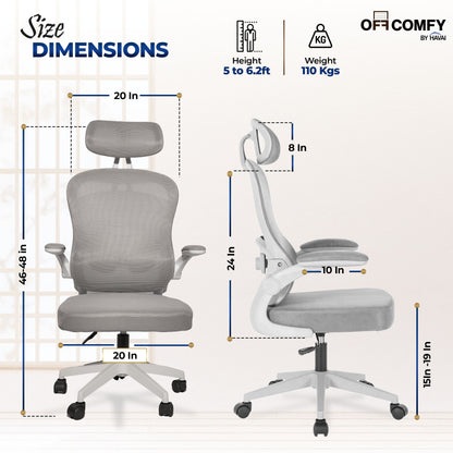 HAVAI LUMA GREY Ergonomic Mesh Office Chair | Mid Back | Breathable Net Fabric | Height Adjustable | Class 2 Gas Lift | Nylon Base | Smooth Wheels | WFH &amp; Office
