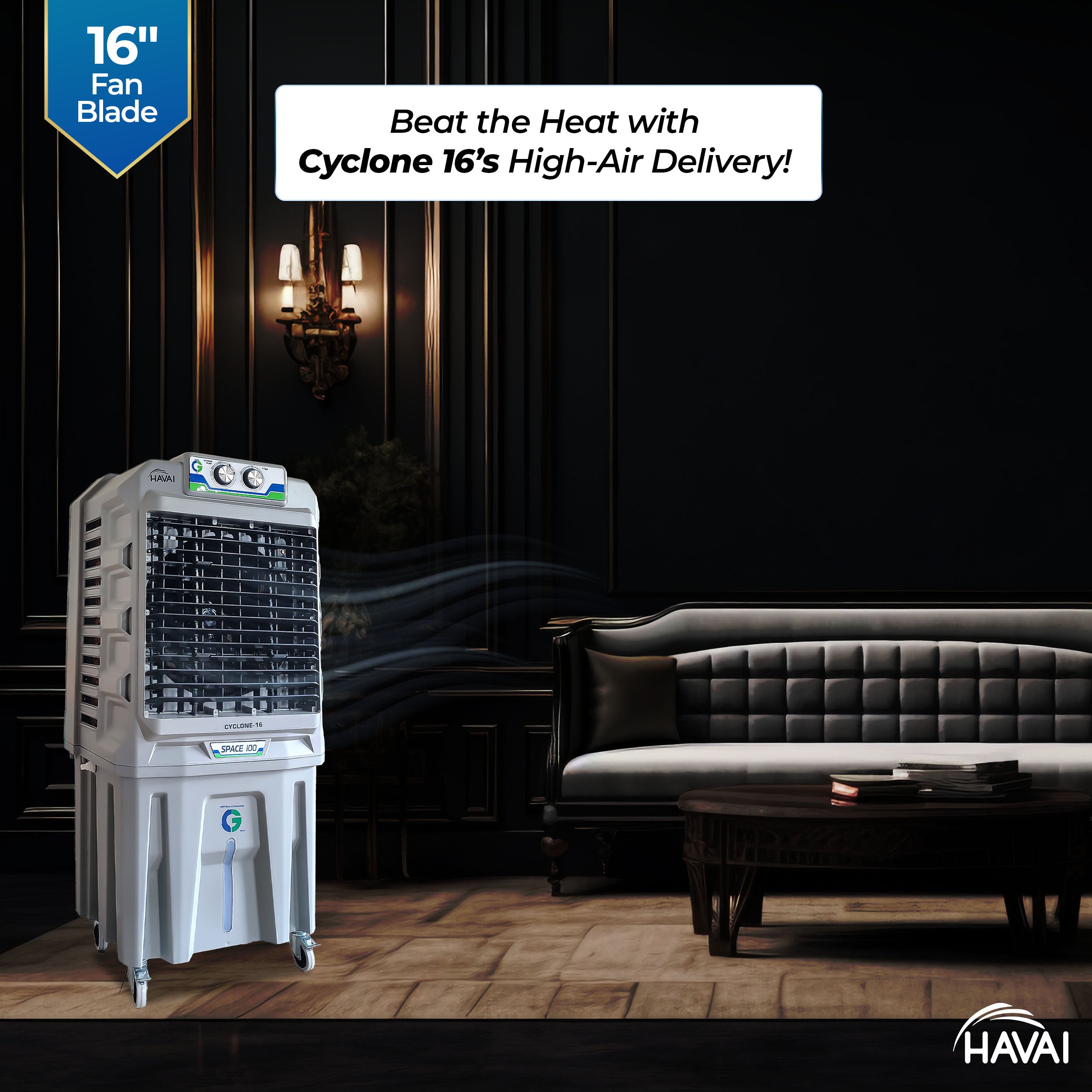 HAVAI Cyclone 16 Inch Desert Air Cooler | 16&quot; Fan Blade | 100L Tank Capacity | 500 Sq. Ft. Coverage | Auto Swing | Three Side Honeycomb Pads | Grey