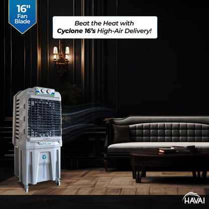 HAVAI Cyclone 16 Inch Desert Air Cooler | 16&quot; Fan Blade | 100L Tank Capacity | 500 Sq. Ft. Coverage | Auto Swing | Three Side Honeycomb Pads | Grey