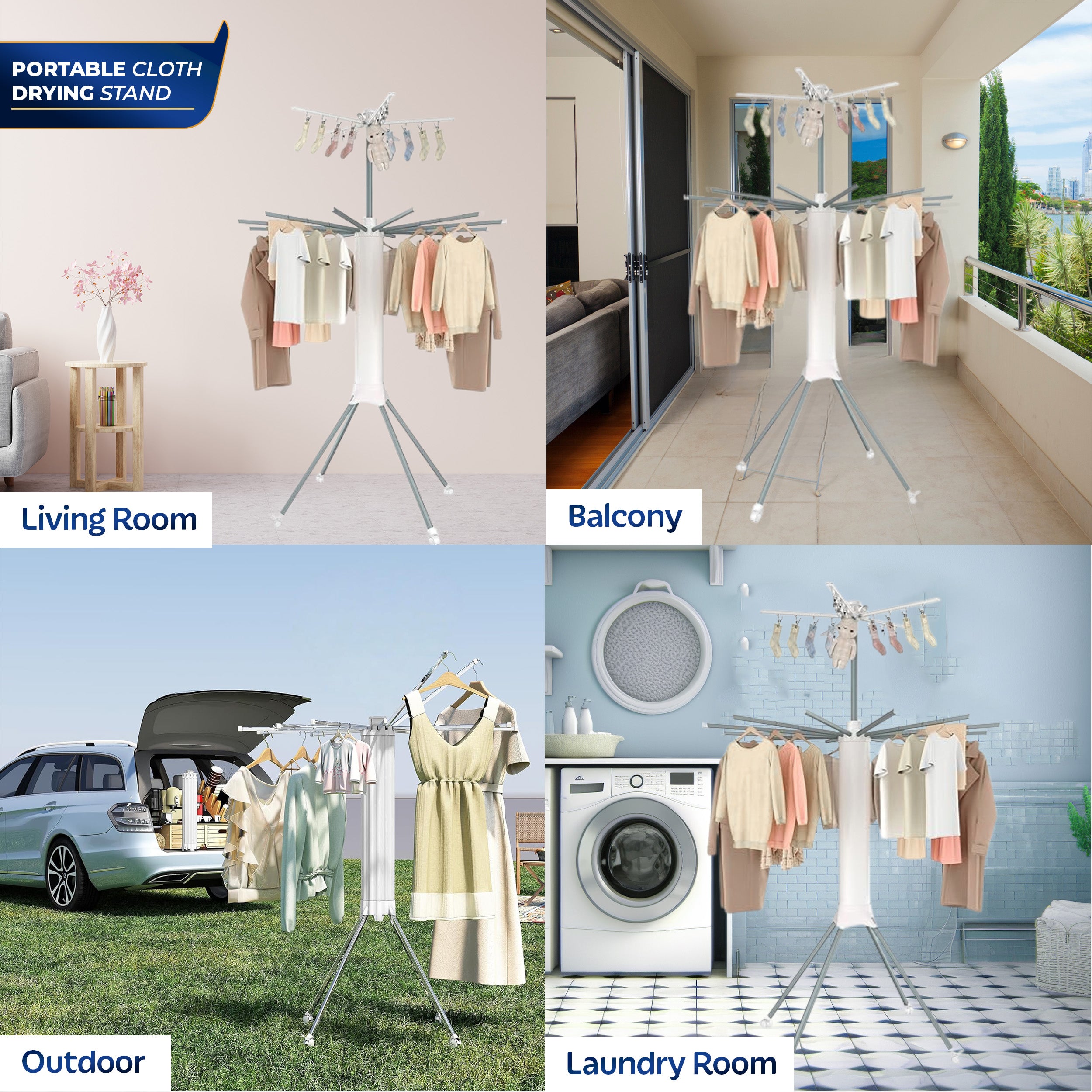 HAVAI Octopus Foldable Rotating Cloth Drying Rack | 360° Multi-Layer Laundry Stand with Lockable Wheels &amp; Strong Load Capacity | Space-Saving Indoor/Outdoor Clothes Hanger for Home Balcony (White)