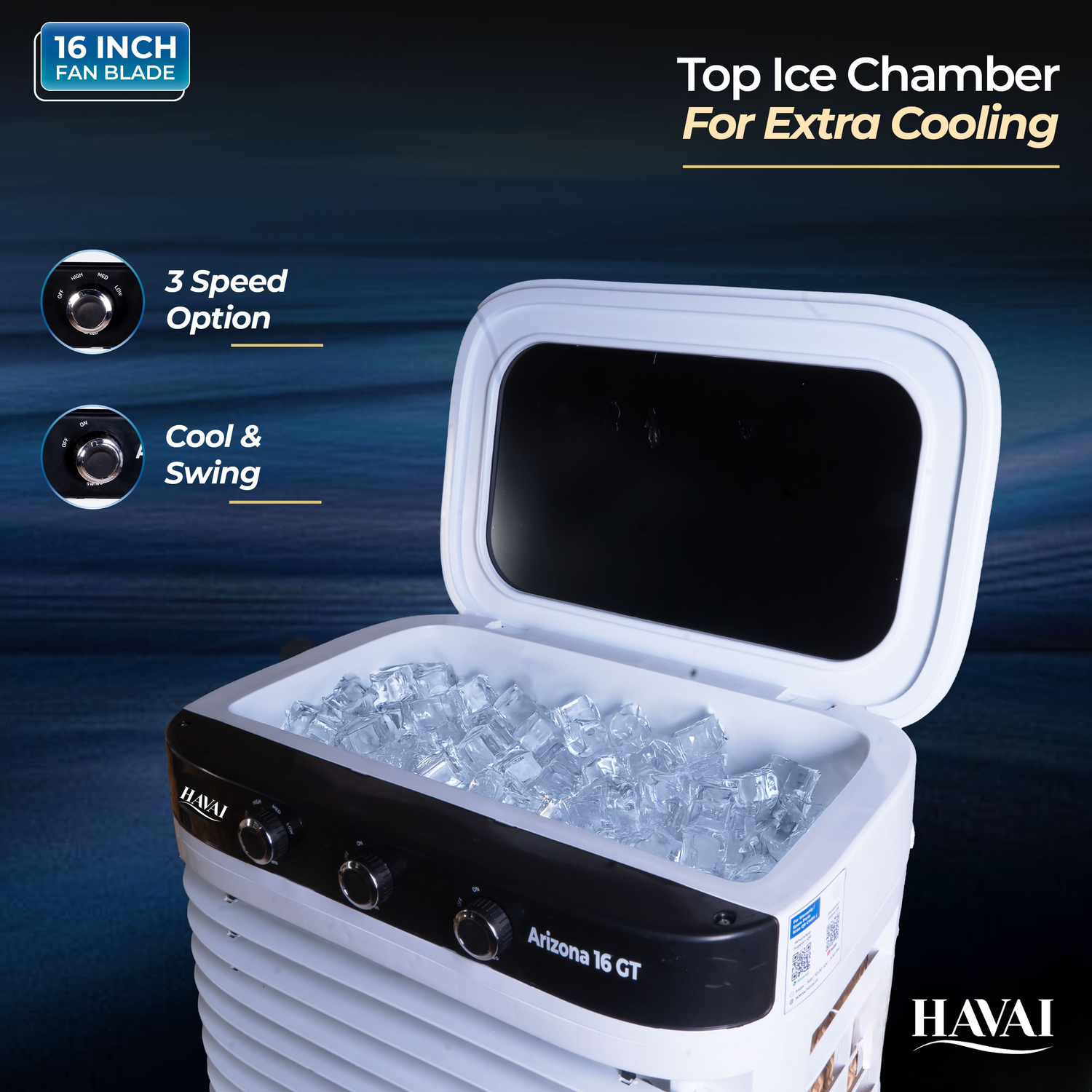 HAVAI Arizona 16 GT Desert Air Cooler | 80L Tank | 16” Aerodynamic Fan | 3-Side Thick Honeycomb | Glass Top with Ice Chamber | Smart Dust-Filter Inlet | 5 Castors | 3300 m³/hr | 1 Year On-Site Warranty