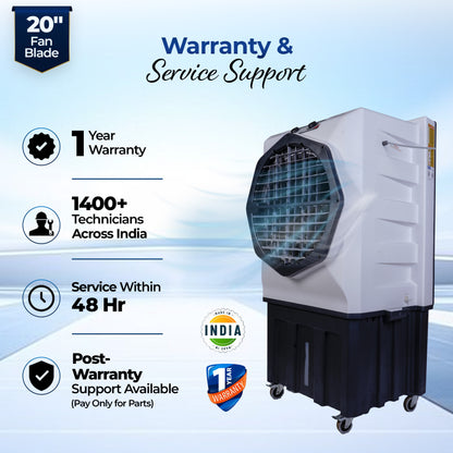 HAVAI Jumbo 20+ Desert Air Cooler for Home &amp; Commercial Use | 20 Inch Aluminium Fan, 150L Tank, 6190 m³/hr Air Delivery | Covers 450 Sq Ft | Honeycomb Pads, Auto Swing Louvers, Wheels | White &amp; Grey