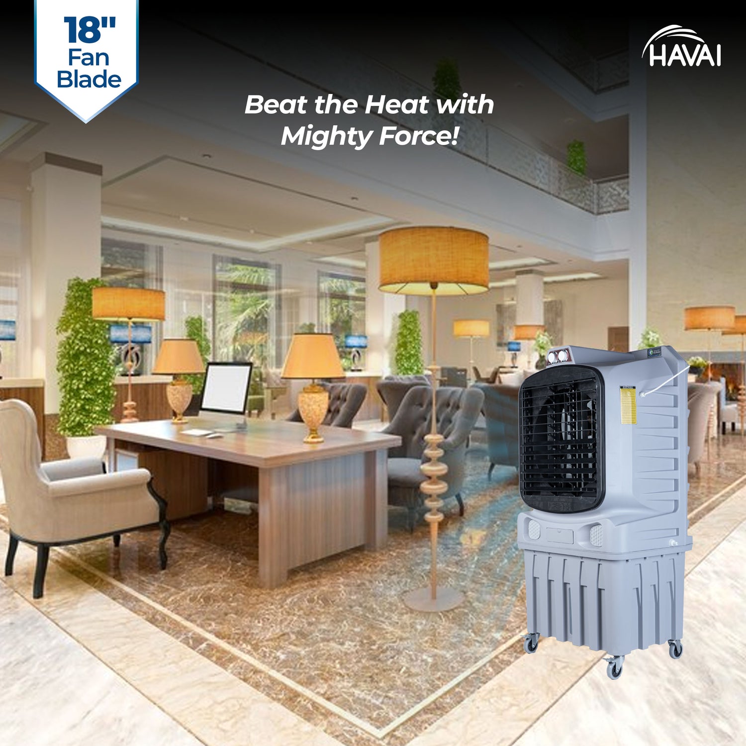Havai Mighty 18&quot; Air Cooler | 18 Inch Blade | 110L Tank Capacity | 210W Power | 600 Sqft Coverage | Auto Swing | Back Honeycomb | Clockwise | Lockable Wheels