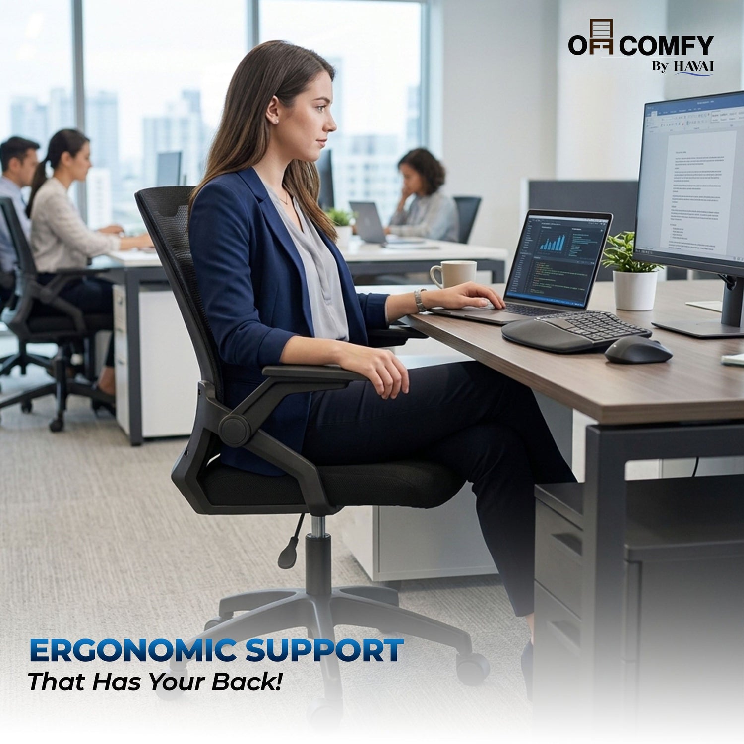HAVAI Airon Ergonomic Office Chair with Mesh Back | Executive Computer Chair with Reclining &amp; Folding Function | Nylon Armrests | Class 2 Gas Lift | Plywood Base Support | Grey Seat | WFH &amp; Office Use | (Black)