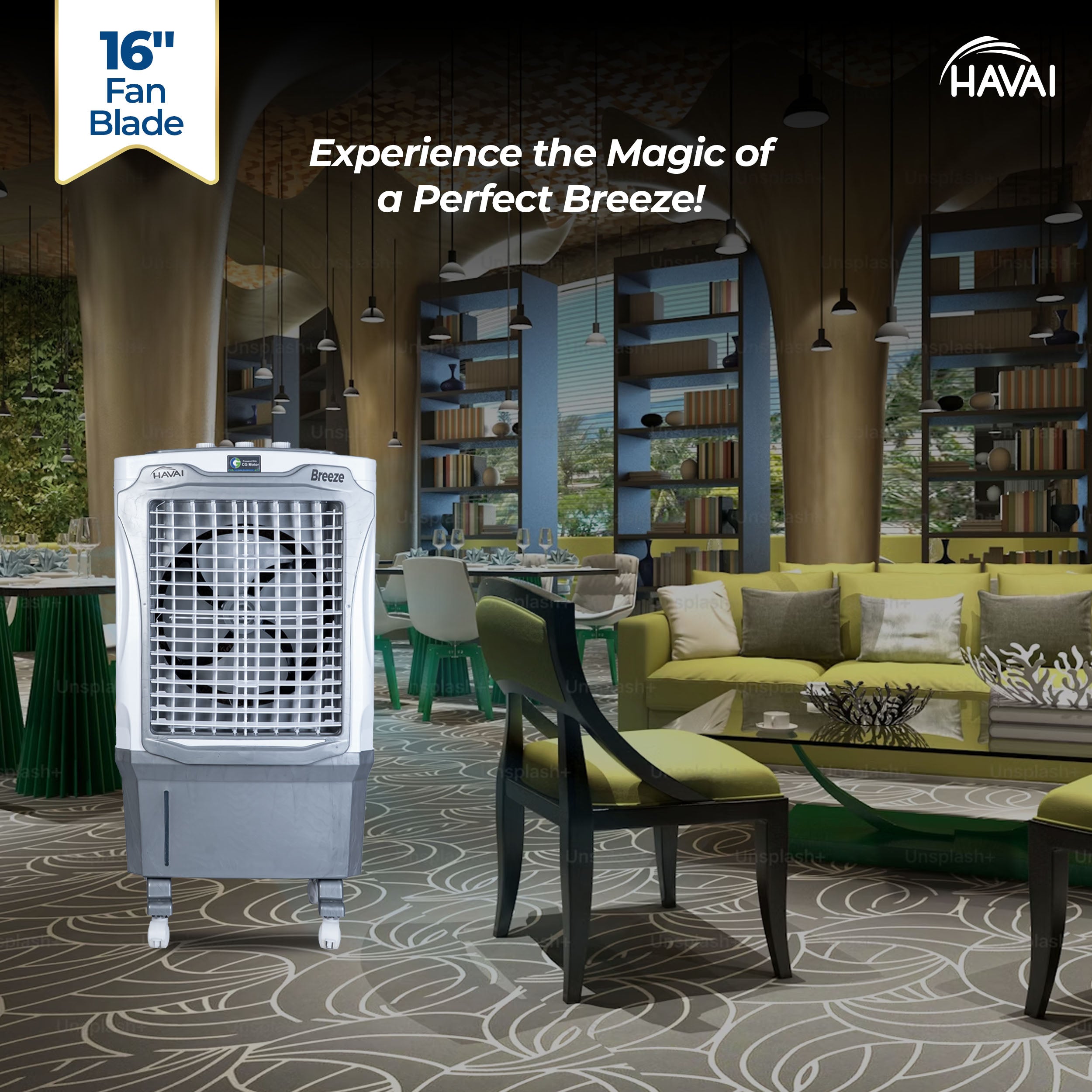 HAVAI Breeze 60L Desert Air Cooler | 16&quot; Fan Blade | 60L Tank Capacity | 500 Sq. Ft. Coverage | Auto Swing | Back Honeycomb Pads | White &amp; Grey
