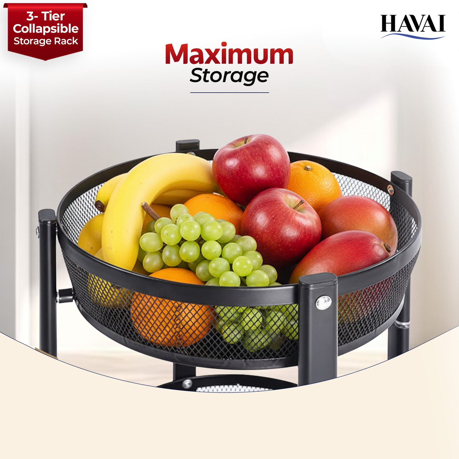 Havai 3 Tier Collapsible Storage Rack Trolley | Portable Mesh Basket Organizer with Wheels | Foldable Kitchen, Bathroom &amp; Bedroom Utility Cart for Home – Black