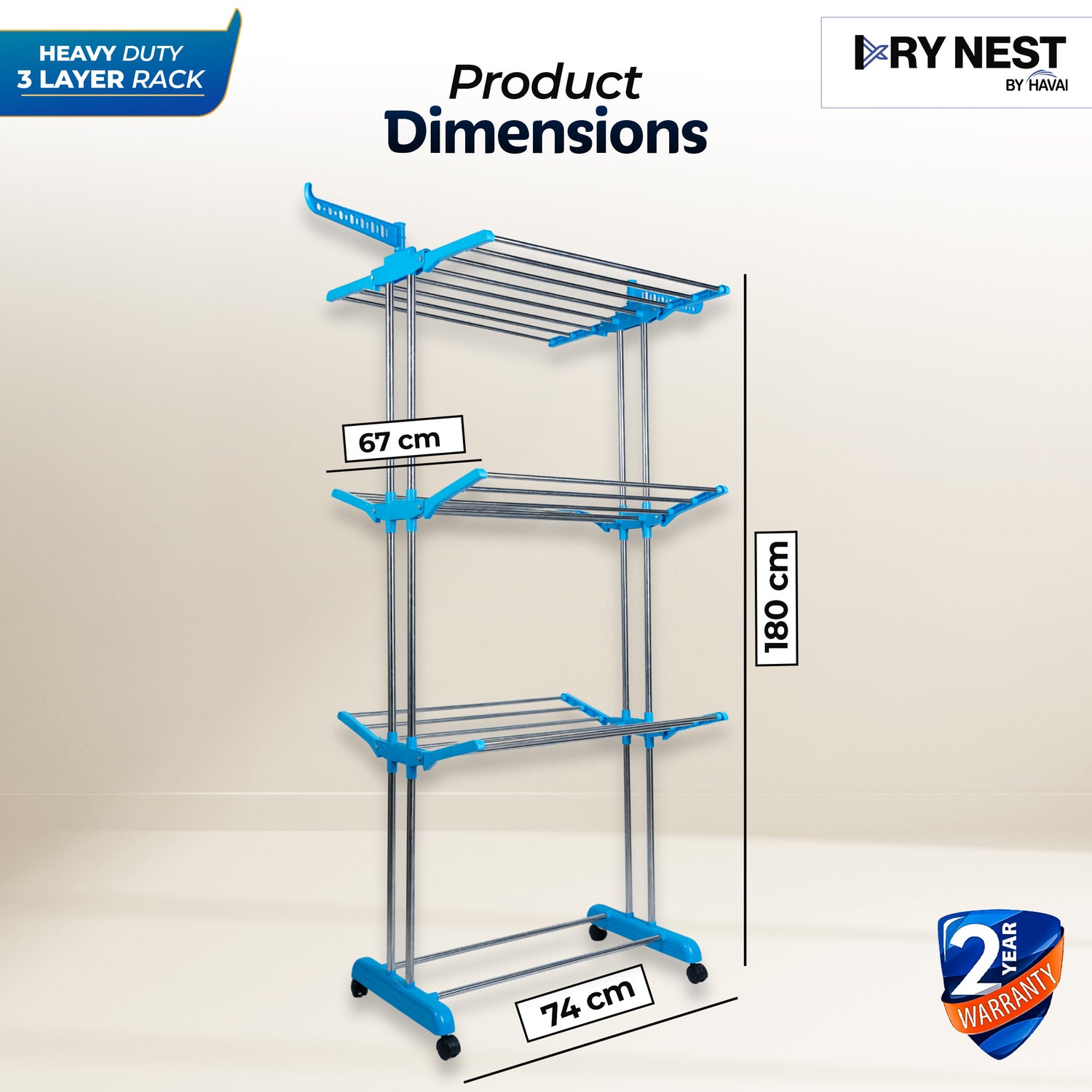 DryNest By HAVAI – Premium Clothes Drying Stand with Wheels |  3-Layer Jumbo Rack | Foldable Wings | 24 Hanger Rods |  Anti-Rust Steel | Balcony-Friendly | Portable &amp; Heavy-Duty