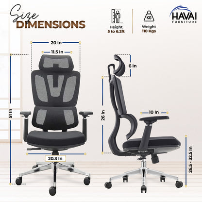 HAVAI Neo High Back Ergonomic Mesh Office Chair |  Multi-Lock Mechanism | Chrome Base | 3D Armrests with PU Pads  | Adjustable Headrest | Breathable Mesh Back (Black