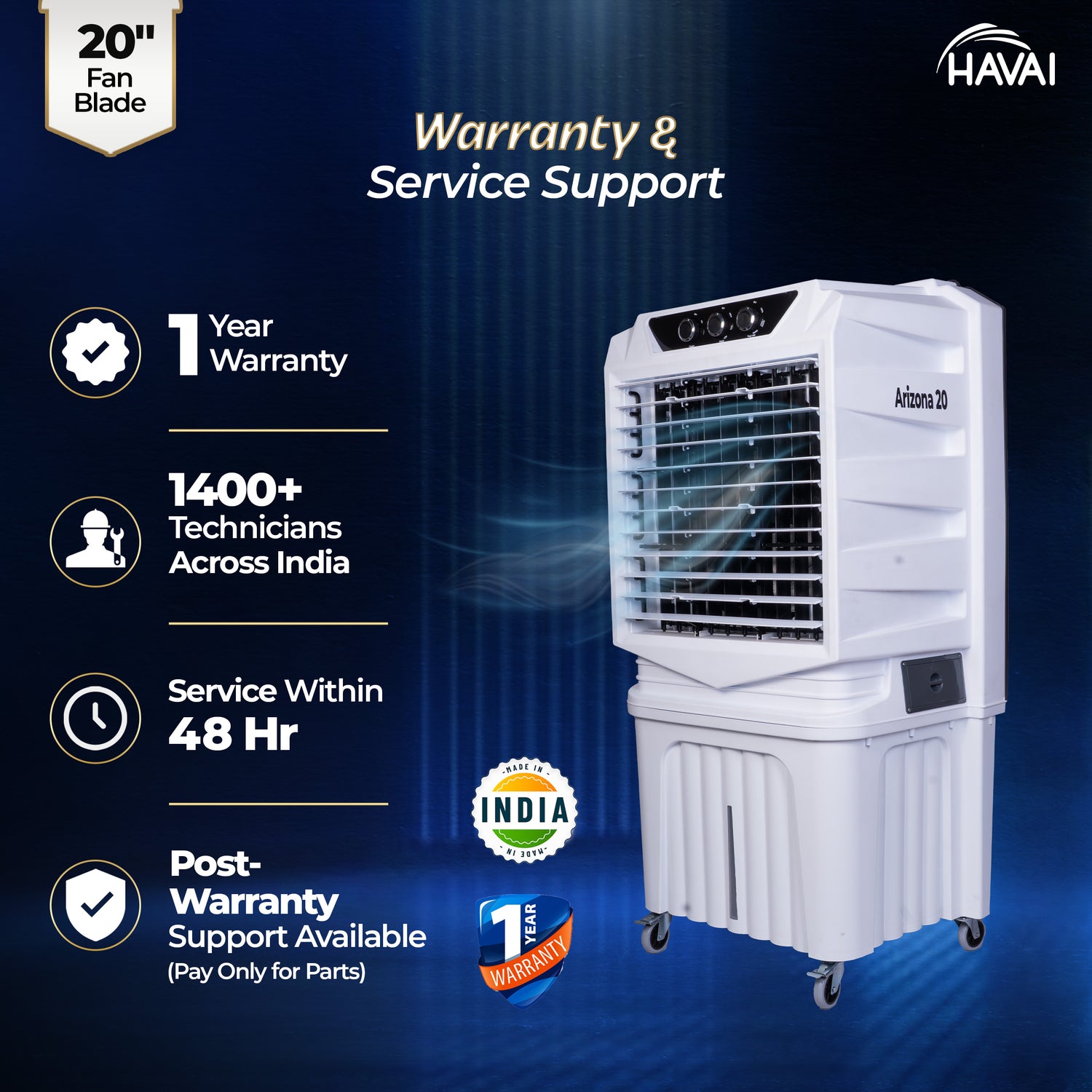 HAVAI Arizona 20 Desert Air Cooler | 120L Water Tank | 20-Inch Metal Blade | 4800 m³/hr Air Delivery | 35 Ft Air Throw | Double Bearing Low Noise Motor | Thick Honeycomb Pads | Covers up to 500 Sq Ft | 1 Year On-Site Warranty