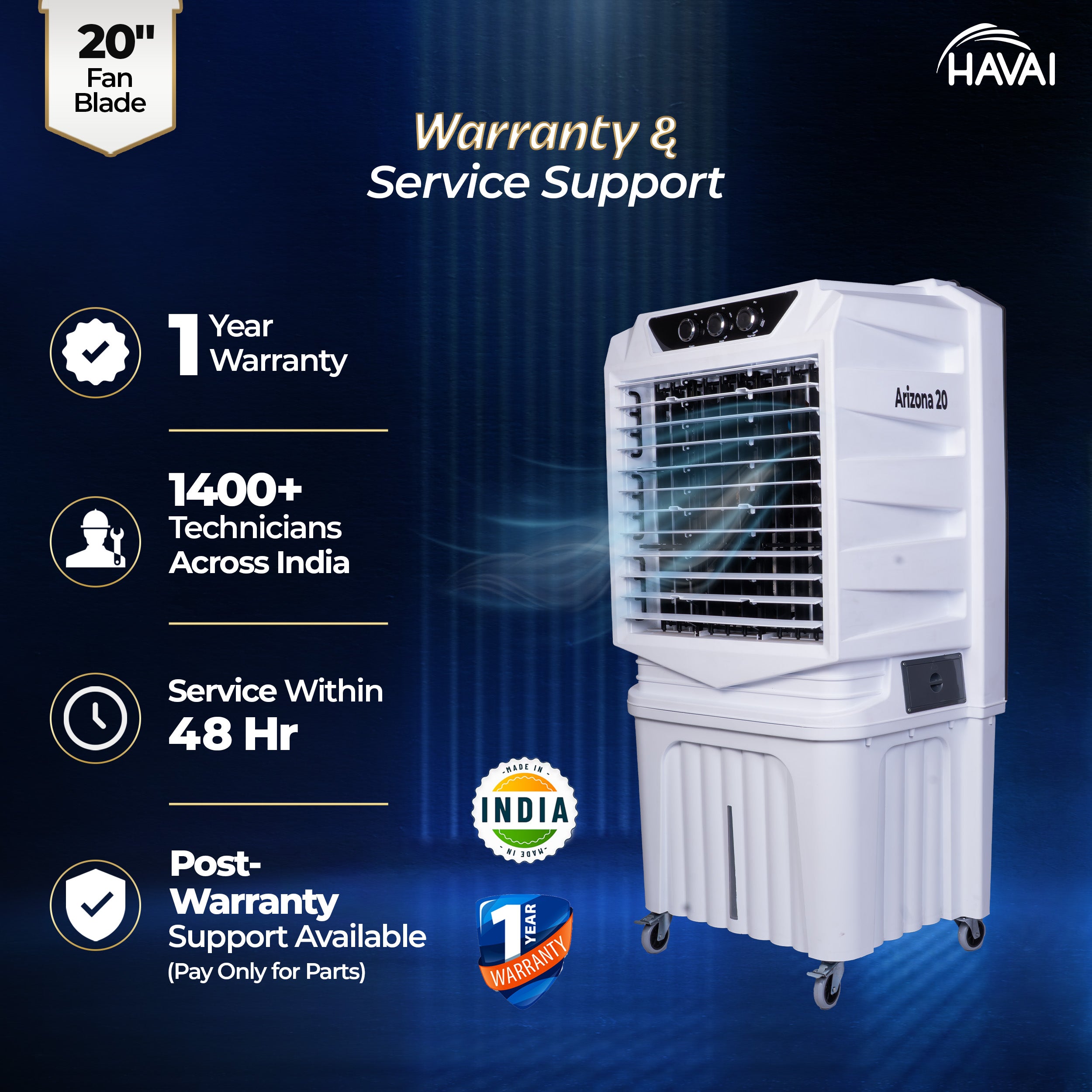 HAVAI Arizona 20 Desert Air Cooler | 120L Water Tank | 20-Inch Metal Blade | 4800 m³/hr Air Delivery | 35 Ft Air Throw | Double Bearing Low Noise Motor | Thick Honeycomb Pads | Covers up to 500 Sq Ft | 1 Year On-Site Warranty