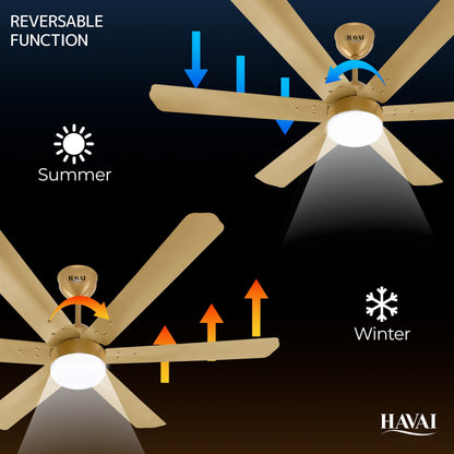 HAVAI Spinel BLDC Ceiling Fan 35W, 1200mm Blade with Remote - Champagne Yellow, 9W LED Light