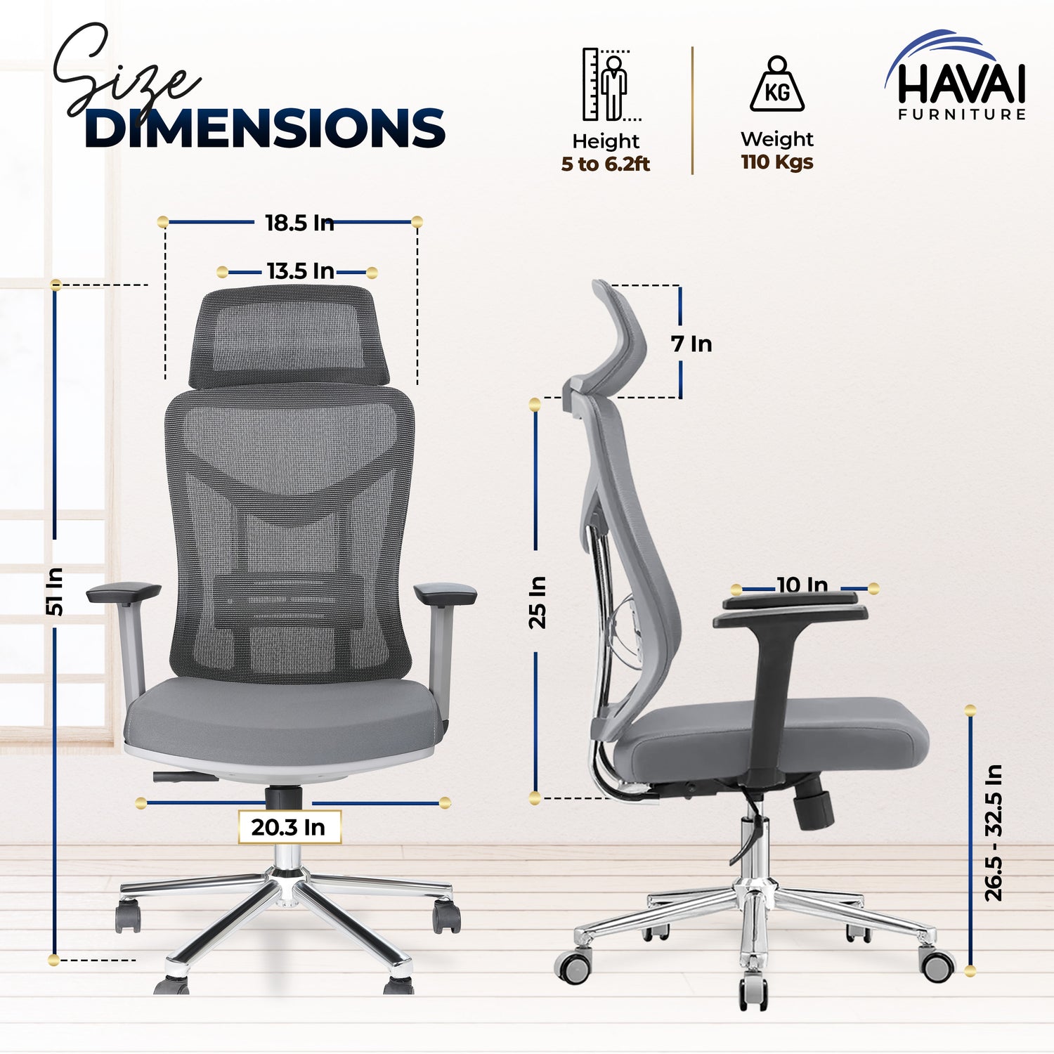 HAVAI Pulse High Back Ergonomic Mesh Office Chair |  Multi-Lock Tilt Mechanism | Chrome Base| Breathable Mesh Back | Fixed Headrest (Grey)