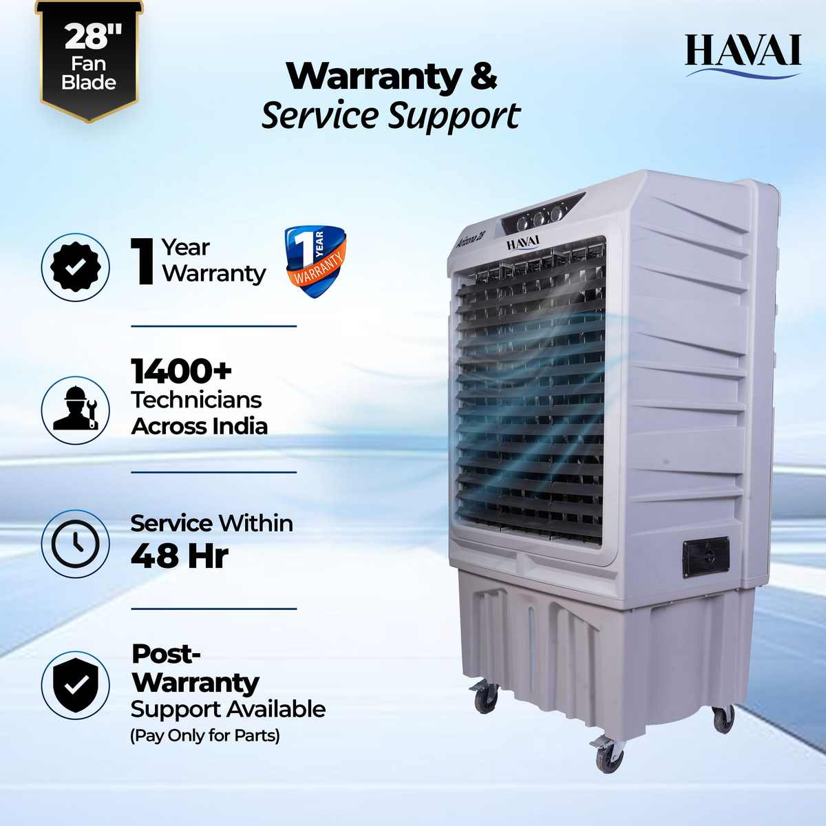 Havai Arizona 28 Industrial &amp; Commercial Air Cooler | 28-Inch Engineered 3-Leaf Blade | 10,000 m³/hr Air Delivery | 150L Tank | 500W Motor | 40 Ft Air Throw | Covers 700 Sq. Ft. | Finger Pull Drain Plug | 1-Year Warranty