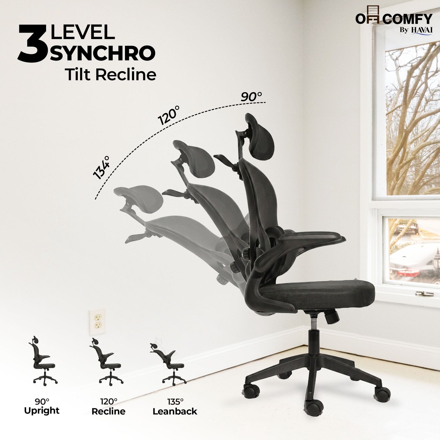 HAVAI Velmora Ergonomic Office Chair | High Back Mesh Chair with Reclining Mechanism, Adjustable Armrest, Headrest &amp; Lumbar Support | Nylon Base &amp; Wheels | Executive/WFH Chair (Black)