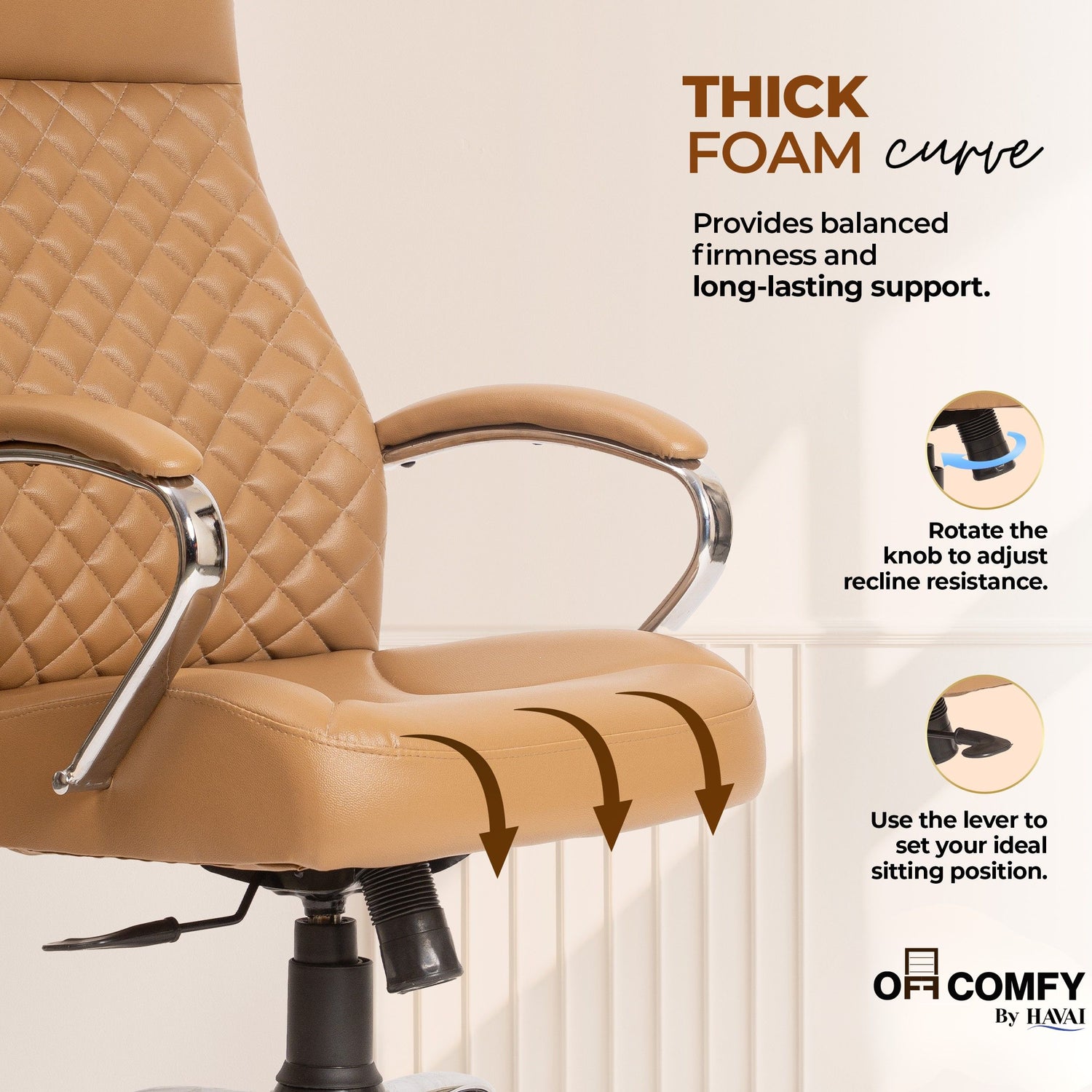 Prime High Back Office Chair | Ergonomic Executive Chair |  Premium Leather | Single Lock Tilt Mechanism |  Mild Steel Chrome Base &amp; Arms | Class 4 Gaslift |  50mm Casters | High-Density Back &amp; Seat Cushion (Camel)