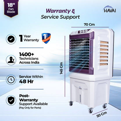 HAVAI Arizona 18 High Airflow Desert Cooler | 18” Metal Fan | 100L Tank | 3500 m³/hr Air Delivery | 30 ft Air Throw | 3-Side Thick Honeycomb Pads | Double Bearing Low-Noise Motor | Castor Wheels | 1-Year On-Site Warranty