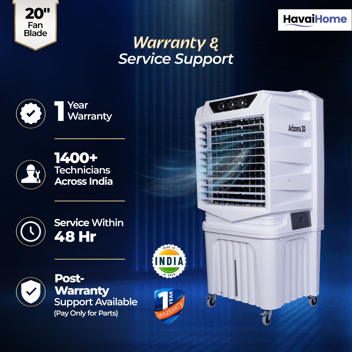 HAVAI Arizona 20 Desert Air Cooler | 120L Water Tank | 20-Inch Metal Blade | 4800 m³/hr Air Delivery | 35 Ft Air Throw | Double Bearing Low Noise Motor | Thick Honeycomb Pads | Covers up to 500 Sq Ft | 1 Year On-Site Warranty