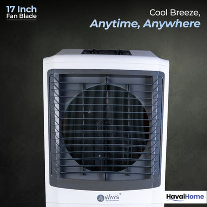 4 Way Plus Cooler | 17-Inch Fan Blade | High Thrust Energy | 500 Sq. Ft Area Coverage | 25-Foot Air Throw | 80 Litre Tank | Three-Side Honeycomb Pads | 1-Year Warranty | Sleek Design