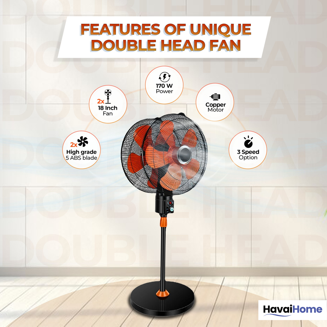 DOUBLE HEAD 360 DEGREE FAN |18 INCH|REMOTE CONTROL, DOUBLE HEADED, 360 Degree Coverage, Pedestal | 1 Year Warranty | 3 SPEED CONTROL | ORANGE AND BLACK
