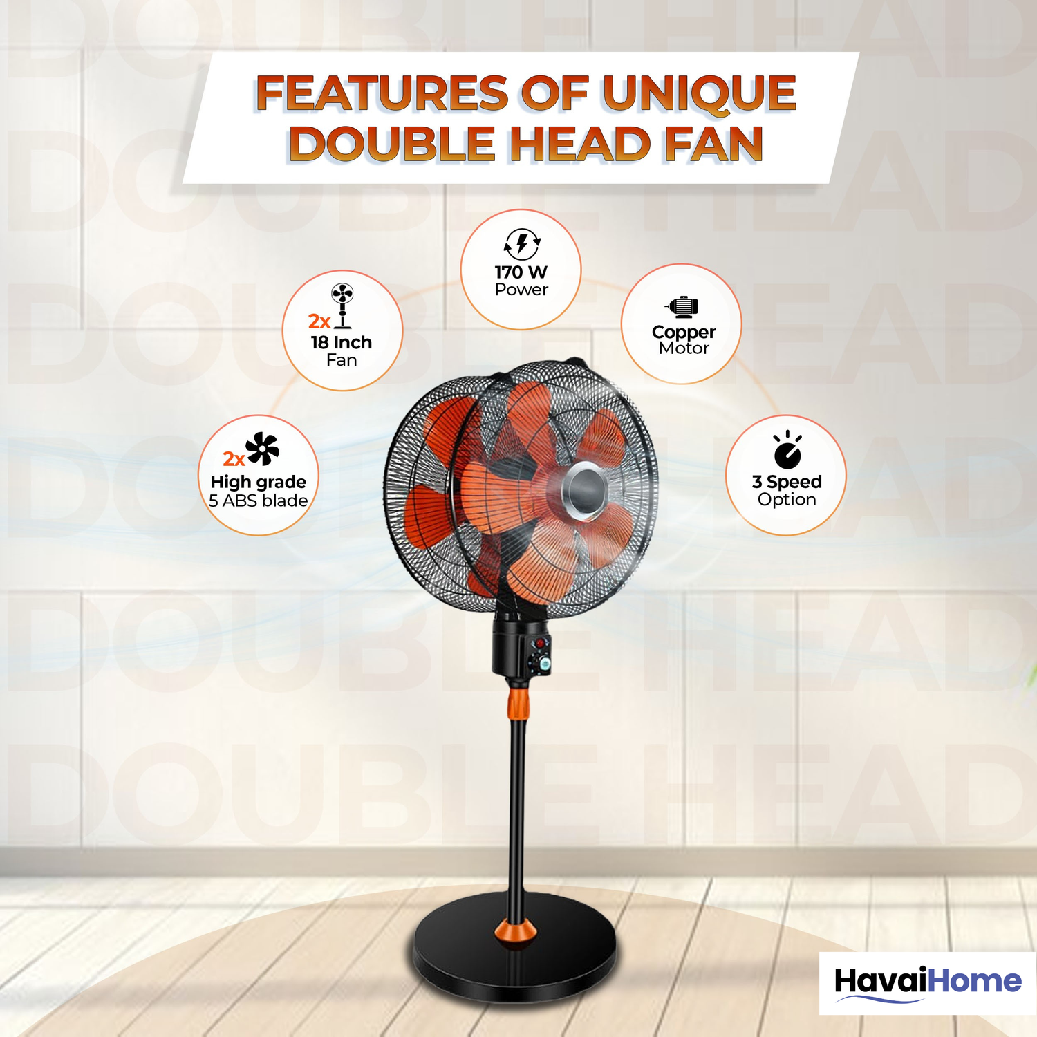 DOUBLE HEAD 360 DEGREE FAN |18 INCH|REMOTE CONTROL, DOUBLE HEADED, 360 Degree Coverage, Pedestal | 1 Year Warranty | 3 SPEED CONTROL | ORANGE AND BLACK