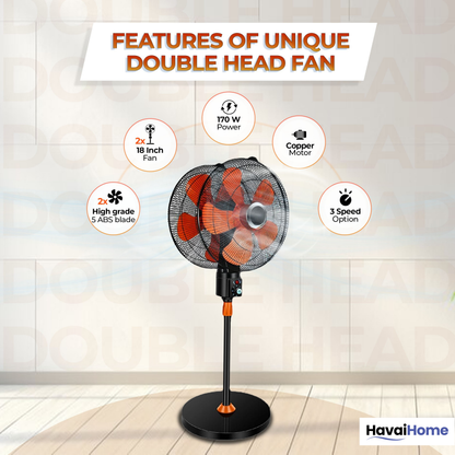 DOUBLE HEAD 360 DEGREE FAN |18 INCH|REMOTE CONTROL, DOUBLE HEADED, 360 Degree Coverage, Pedestal | 1 Year Warranty | 3 SPEED CONTROL | ORANGE AND BLACK
