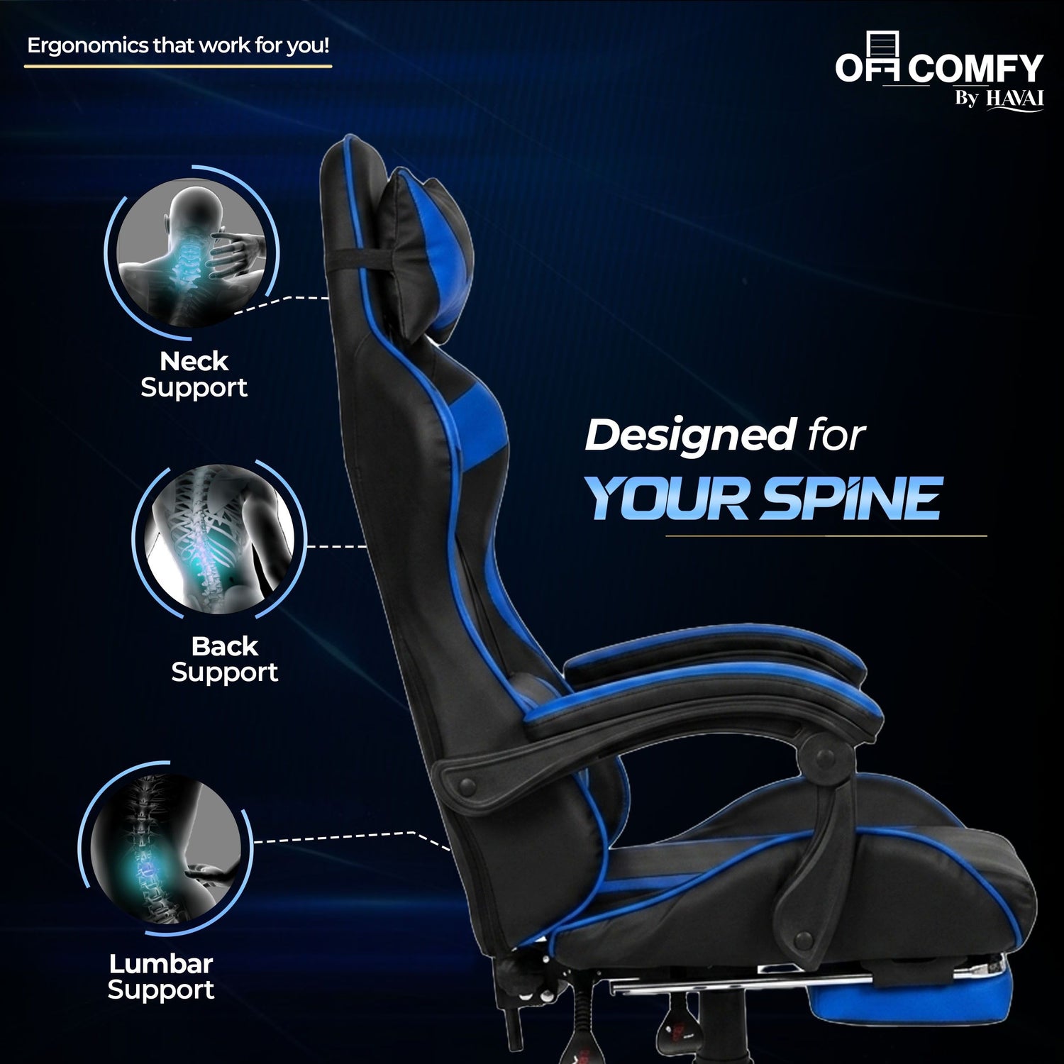 HAVAI Vortex BLUE Gaming Chair | Ergonomic High Back Computer Chair with Linkage Armrests | Reclining &amp; Folding Backrest | Premium 0.55mm PVC Upholstery | High Density Foam Cushion | Class 1 Gas Lift | 320mm Nylon Base | Heavy Duty Wheels | (Blue &amp; Black)