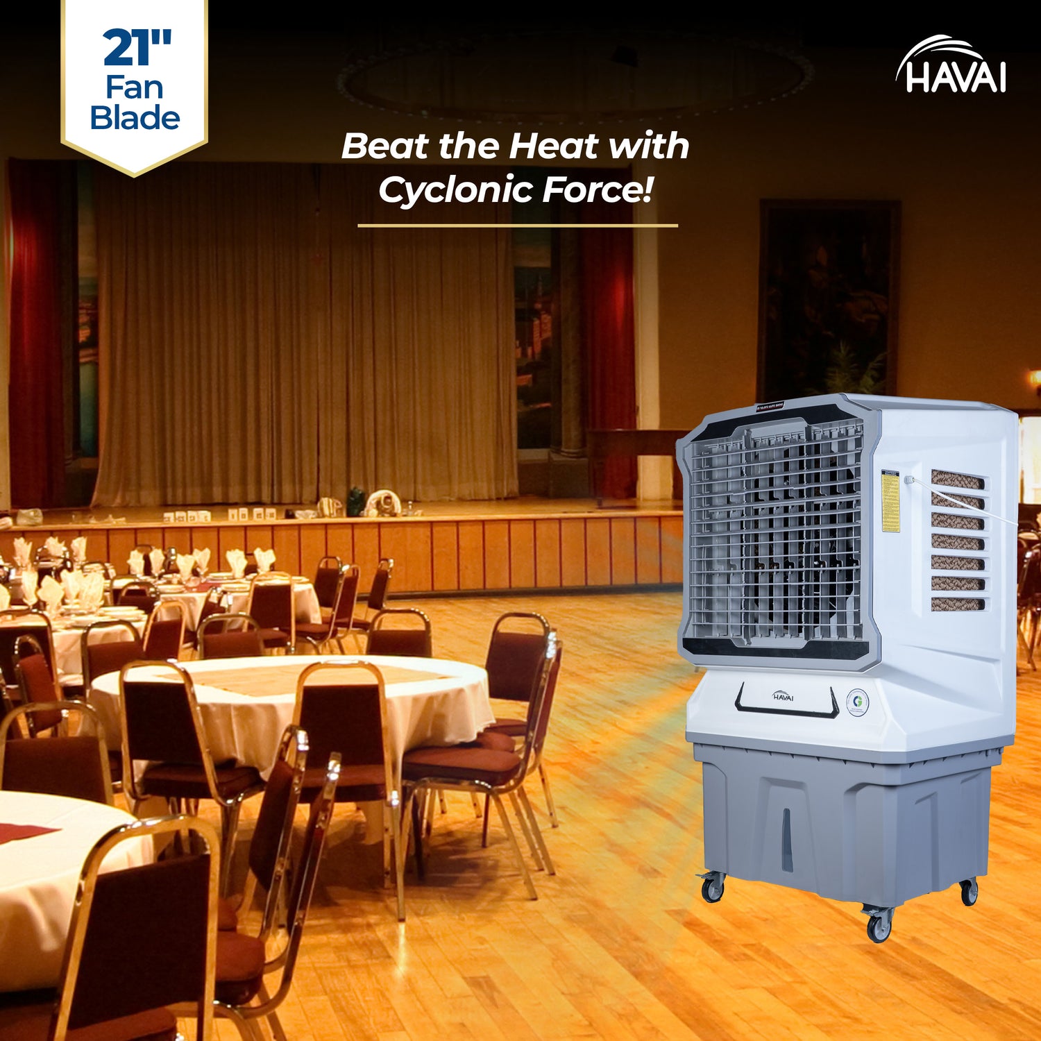 HAVAI Cyclone Desert Air Cooler | 21&quot; Fan Blade | 150L Tank Capacity | 330W High-Performance Cooling | 750 Sq. Ft. Coverage | Auto Swing | Back Honeycomb Pads | Lockable Wheels | White &amp; Grey