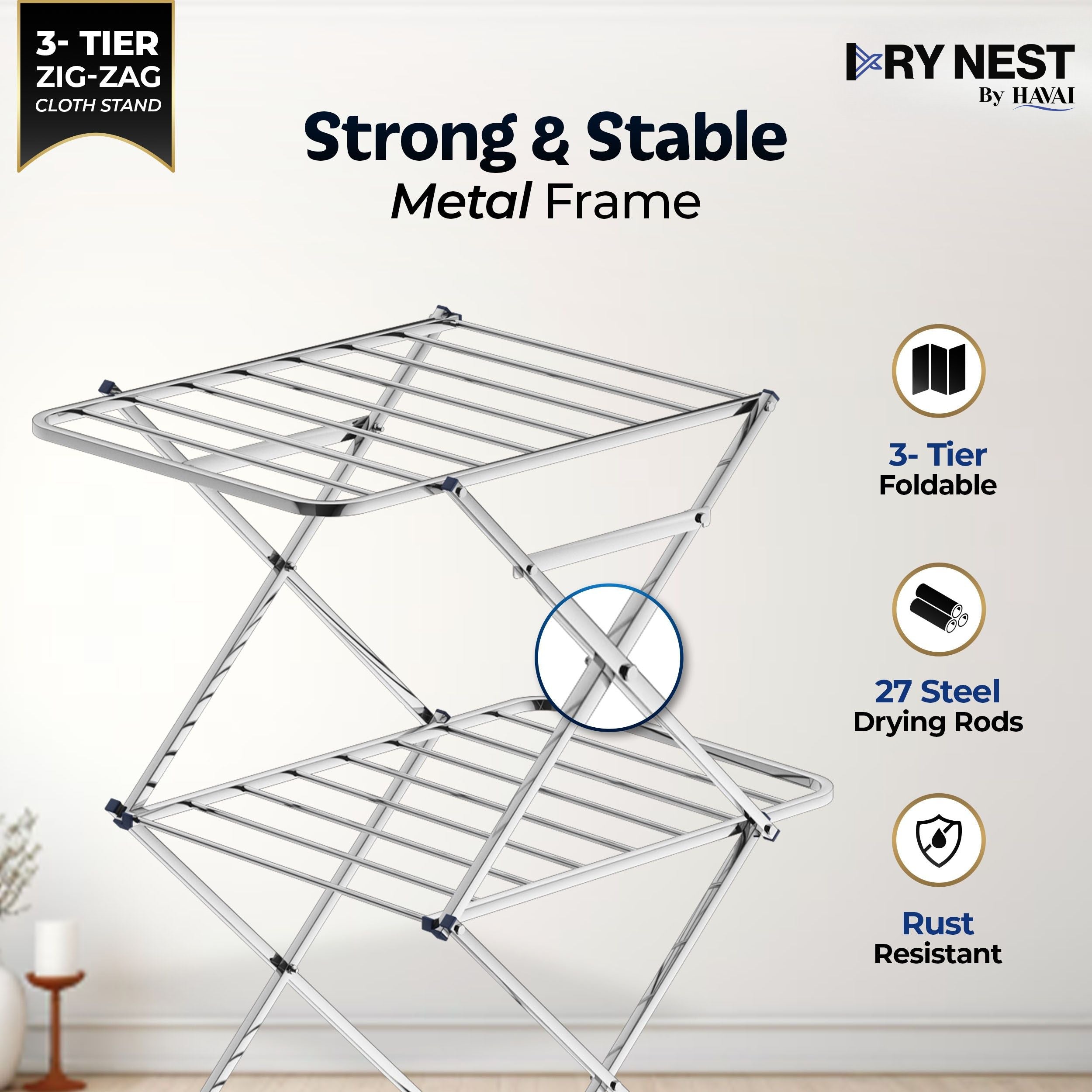 HAVAI DryNest 4.5 KG Heavy Duty Clothes Drying Stand | 40 KG Load Capacity | 3-Tier Zig-Zag Foldable Stainless Steel Airer | Rust Resistant Laundry Rack for Balcony, Indoor &amp; Outdoor Use