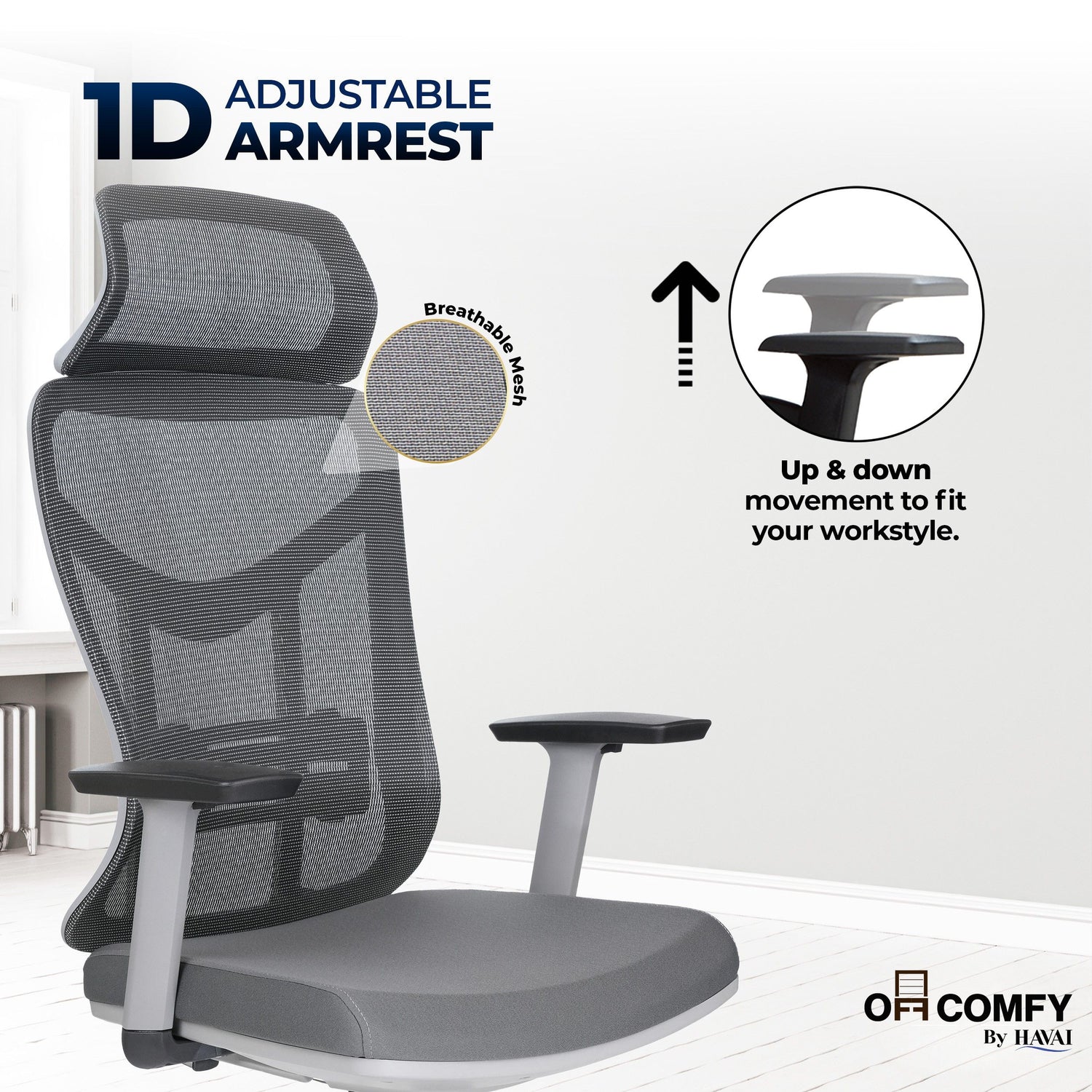 HAVAI Pulse High Back Ergonomic Mesh Office Chair |  Multi-Lock Tilt Mechanism | Chrome Base| Breathable Mesh Back | Fixed Headrest (Grey)