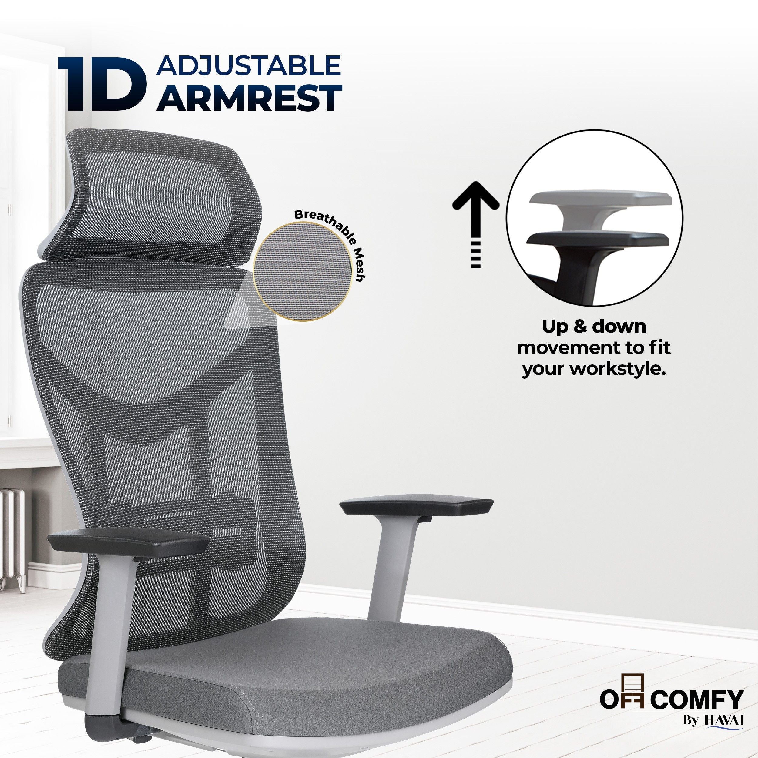 HAVAI Pulse High Back Ergonomic Mesh Office Chair |  Multi-Lock Tilt Mechanism | Chrome Base| Breathable Mesh Back | Fixed Headrest (Grey)