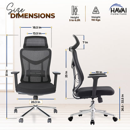 HAVAI Pulse High Back Ergonomic Mesh Office Chair |  Multi-Lock Tilt Mechanism | Chrome Base| Breathable Mesh Back | Fixed Headrest (Black)