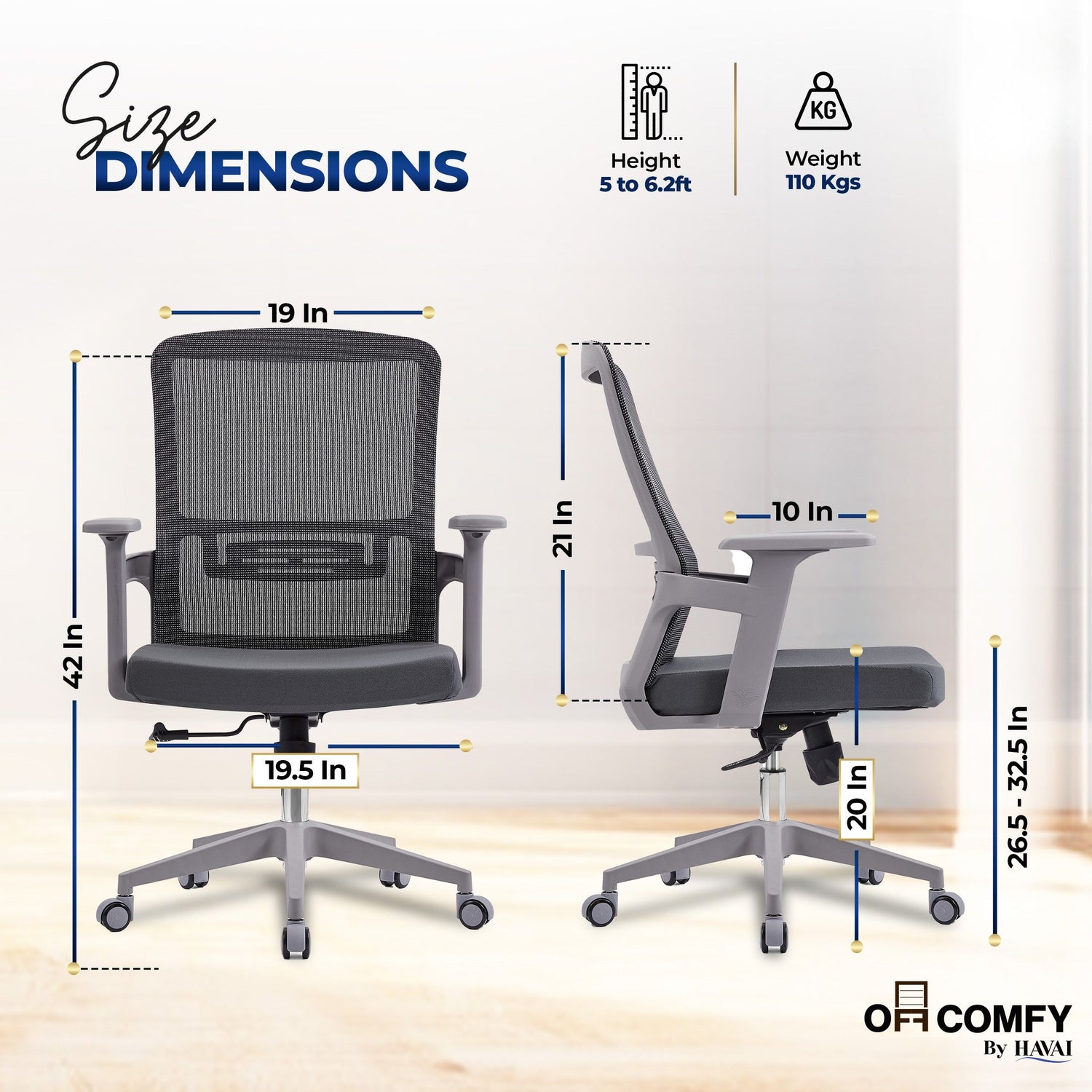 HAVAI Ergolite Mid Back Ergonomic Mesh Office Chair |  One Lock Tilt Mechanism | Fixed Armrests | Nylon Base |  Breathable Mesh Back (Grey)