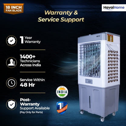 HAVAI Thunder 18+ GT Desert Cooler | 18” Aluminium Blade | 100L Tank | 3-Side Honeycomb Pads | 20 Ft Air Throw | Heavy-Duty 110mm Motor | Auto Swing | White &amp; Grey