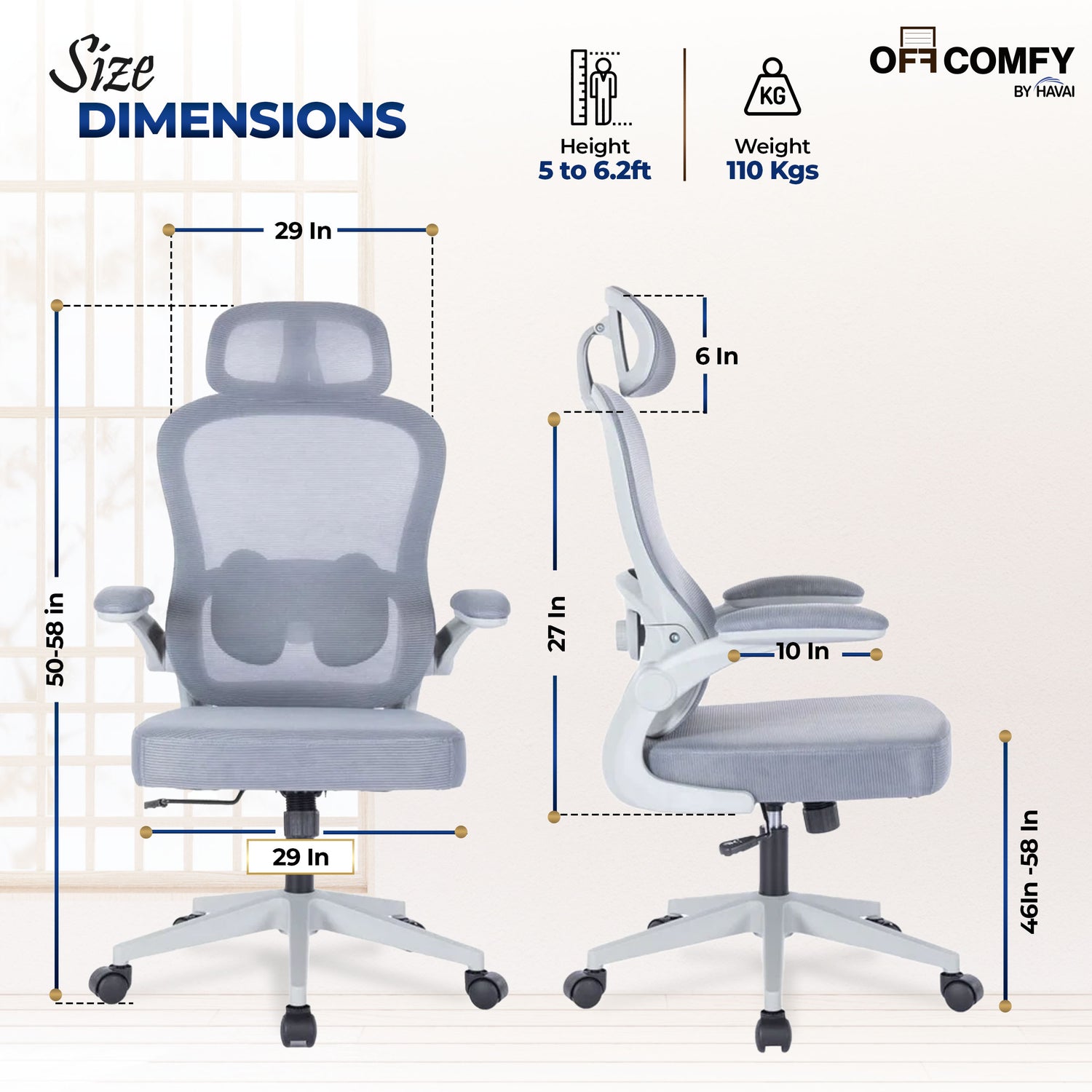 HAVAI LUMA GREY Ergonomic Mesh Office Chair | Mid Back | Breathable Net Fabric | Reclining | Height Adjustable | Class 2 Gas Lift | Nylon Base | Smooth Wheels | WFH &amp; Office