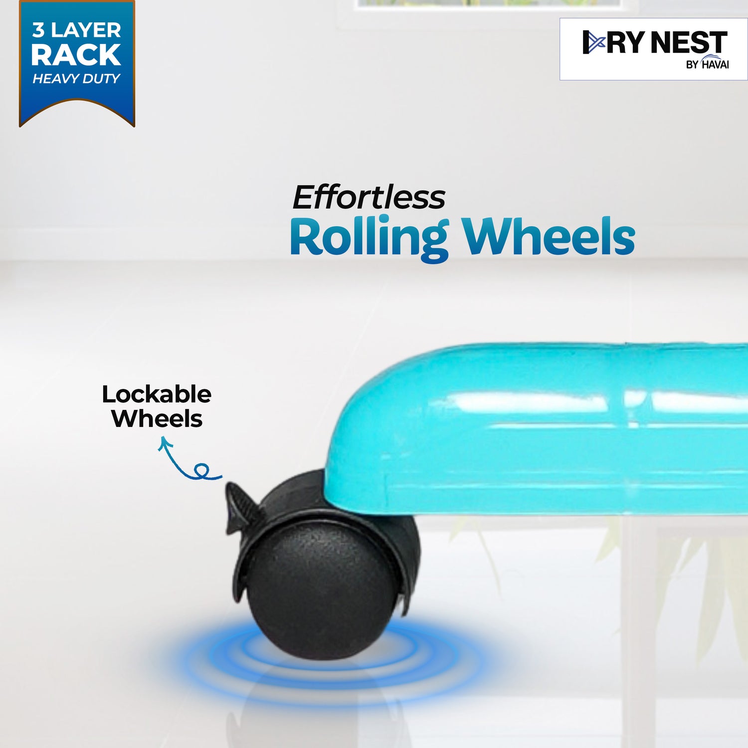 HAVAI DryNest 5.2 KG Premium Clothes Drying Stand with Wheels | Heavy-Duty Rust-Free Steel &amp; Strong Steel Rods | 3-Layer Foldable Jumbo Rack | Portable &amp; Balcony-Friendly