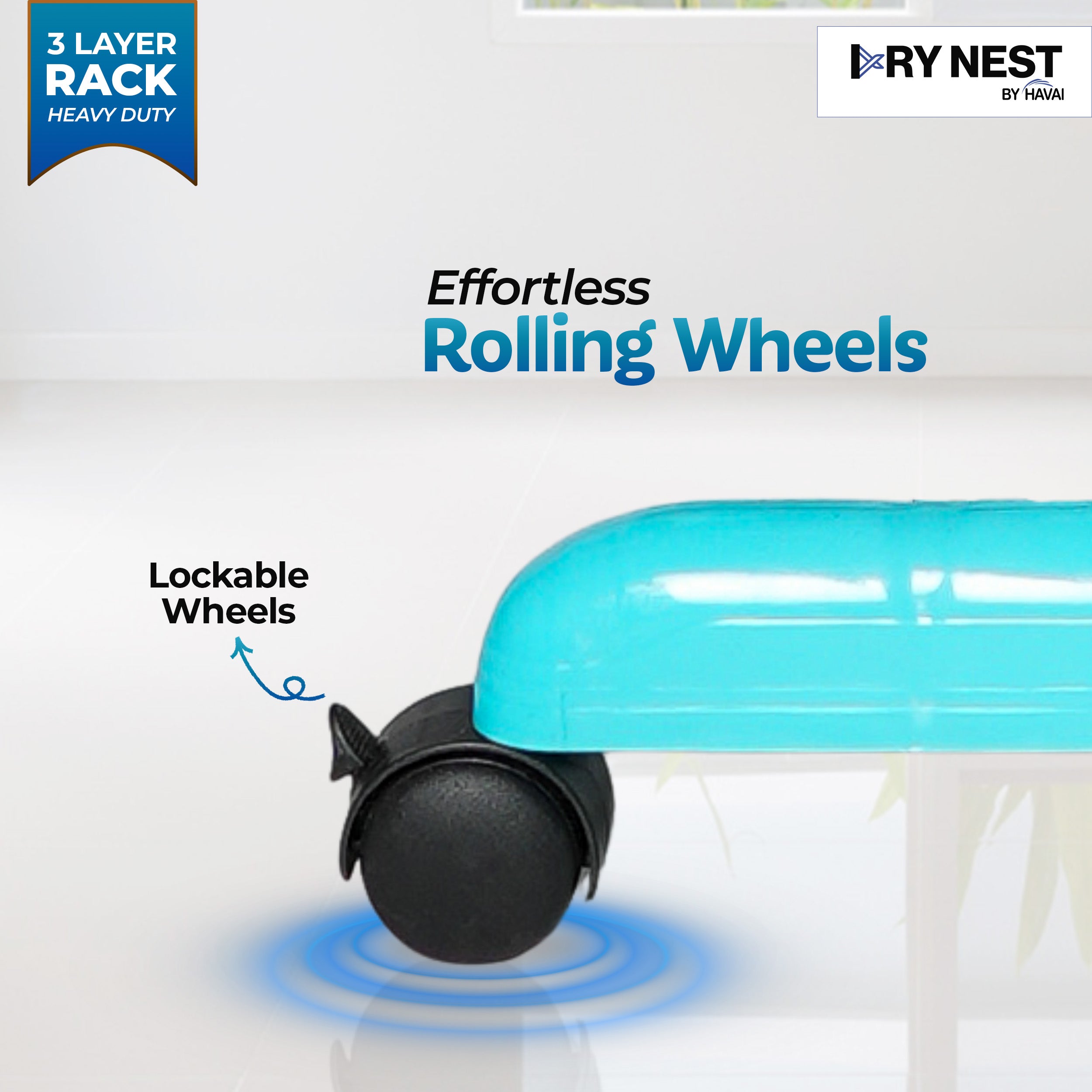 HAVAI DryNest 5.2 KG Premium Clothes Drying Stand with Wheels | Heavy-Duty Rust-Free Steel &amp; Strong Steel Rods | 3-Layer Foldable Jumbo Rack | Portable &amp; Balcony-Friendly