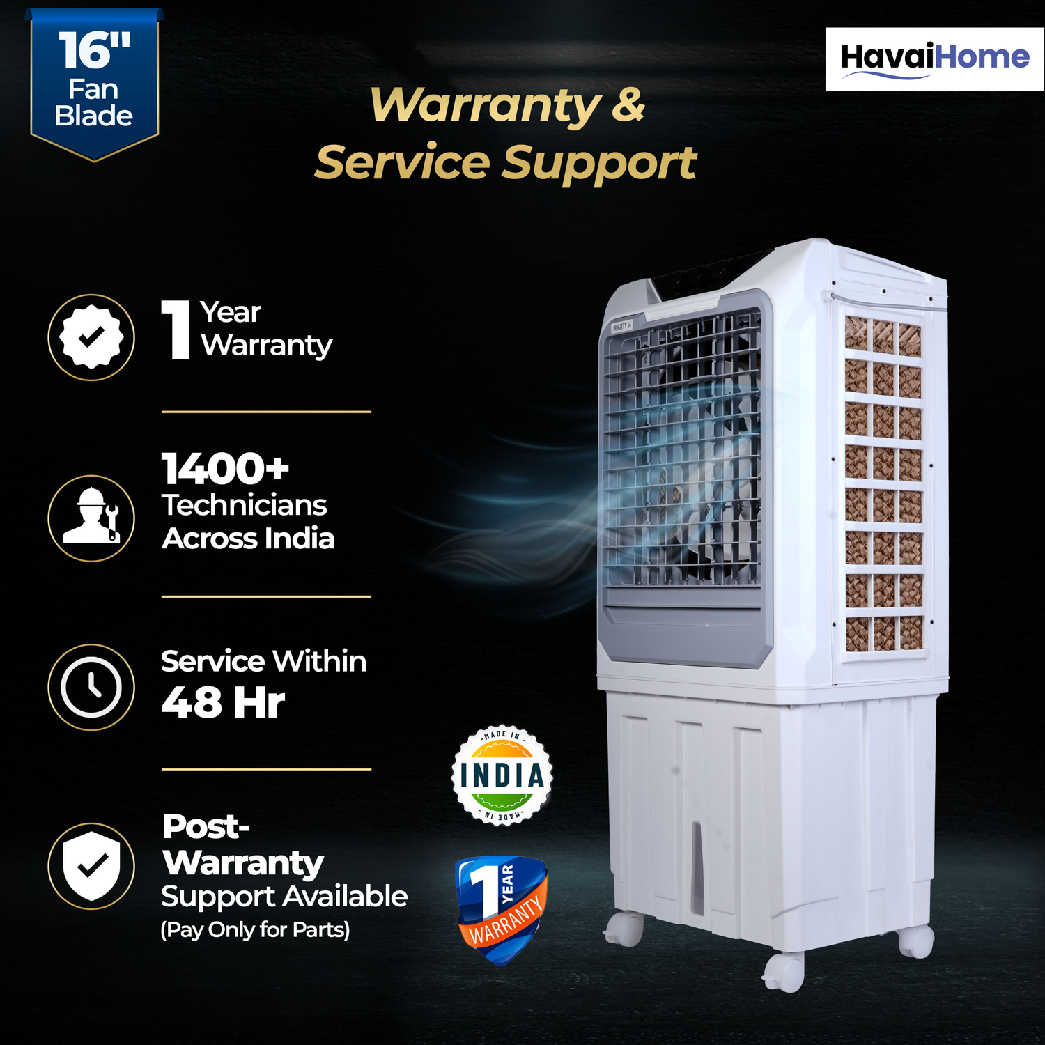HAVAI Mighty 16 Desert Air Cooler | 16 Inch Special Bent-Edge Blade, 100L Tank, 5190 m³/hr Air Delivery | Covers 350 Sq Ft | Honeycomb Pads, Aluminium Motor, Closed Louvers, Wheels | White &amp; Grey