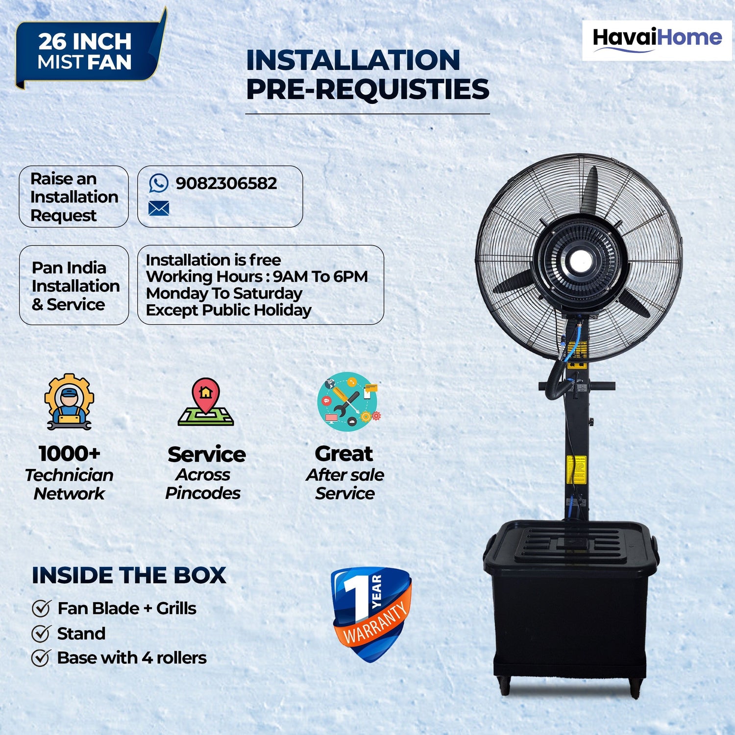 26″ Commercial Mist Fan, 260W Copper Motor | 10m Spray | Manual Mist Control | Aluminium Blade | Finger-Proof Grill | 41L Tank | Fixed 6ft Height | 48-Hour Installation &amp; 1-Year Warranty