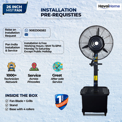 26″ Commercial Mist Fan, 260W Copper Motor | 10m Spray | Manual Mist Control | Aluminium Blade | Finger-Proof Grill | 41L Tank | Fixed 6ft Height | 48-Hour Installation &amp; 1-Year Warranty