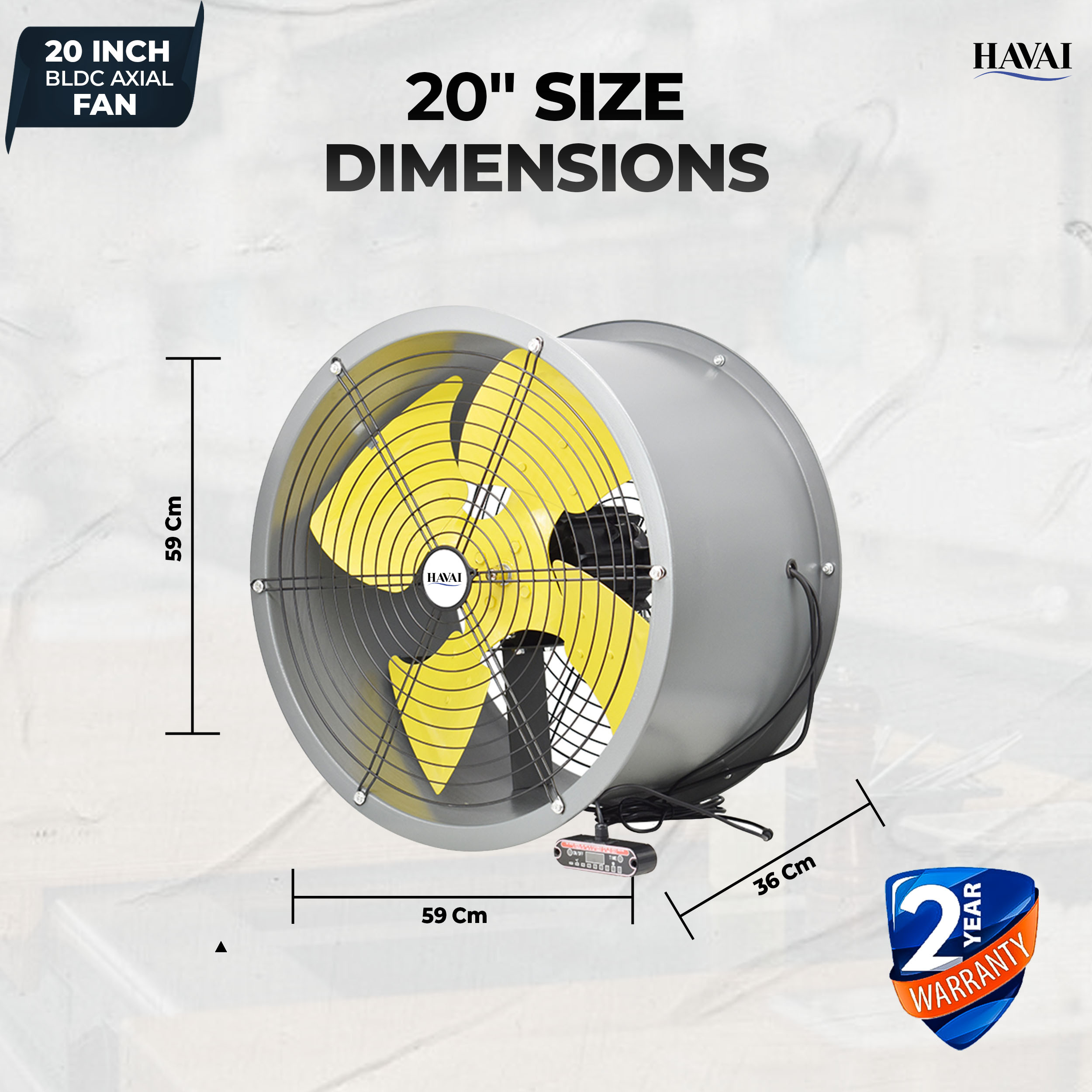 Havai 20-Inch Heavy Duty BLDC Axial Fan | Maintenance-Free BLDC Motor | 4-Leaf 2mm Aluminium Blades | 9-Speed Digital Controller | 600–13,000 m³/hr | 35W–350W | 2-Year Warranty