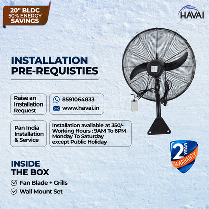 Havai BLDC Wall Mount Fan 20 Inch, 50% Savings On Electricity, High Velocity, Heavy Duty Metal For Industrial, Commercial And Residential Use, Assembly Included , Black