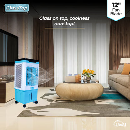 HAVAI Premium Glass Top GT 12 | 12&quot; Fan Blade | 40 Litre Tank Capacity | 160W Power | 15ft Air Throw | 3-Side Honeycomb Cooling | Sleek Glass Top Design | 4 Castor Wheels (BLUE)