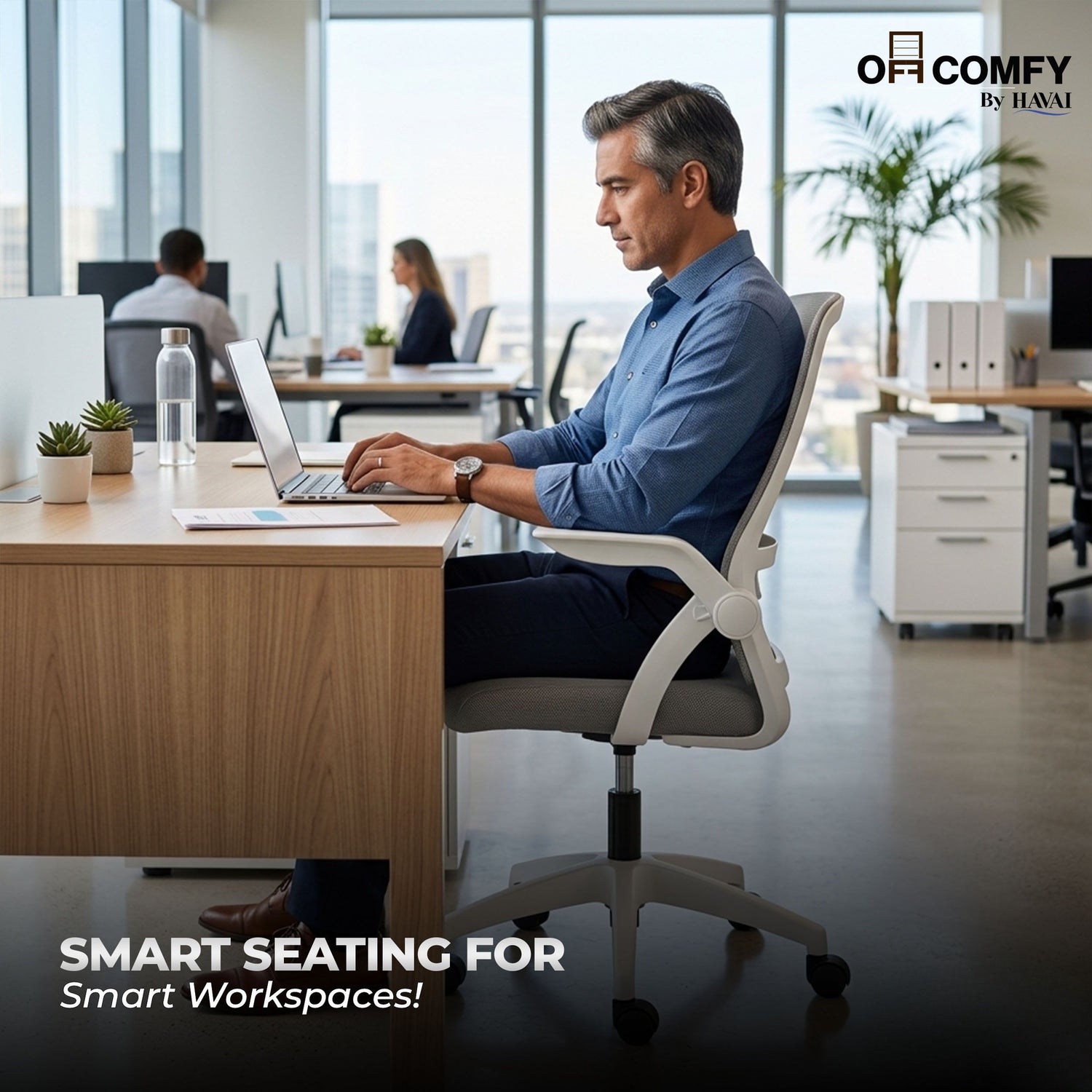 HAVAI Aero Grey Ergonomic Office Chair | Premium Net Cloth Fabric | Reclining &amp; Folding Back | 60D Recycled Foam + 24D Virgin Cotton | Nylon Armrests | Class 2 Gas Lift | 310 Nylon Base | 2-Inch Smooth Wheels | Grey
